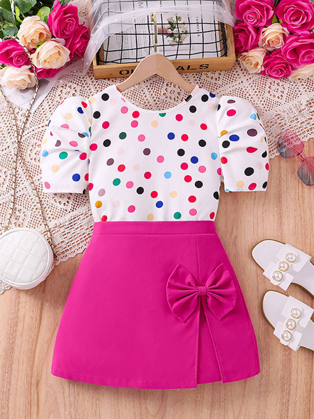 

INCLUD Girls Printed Short Sleeves Top with Skirt, White