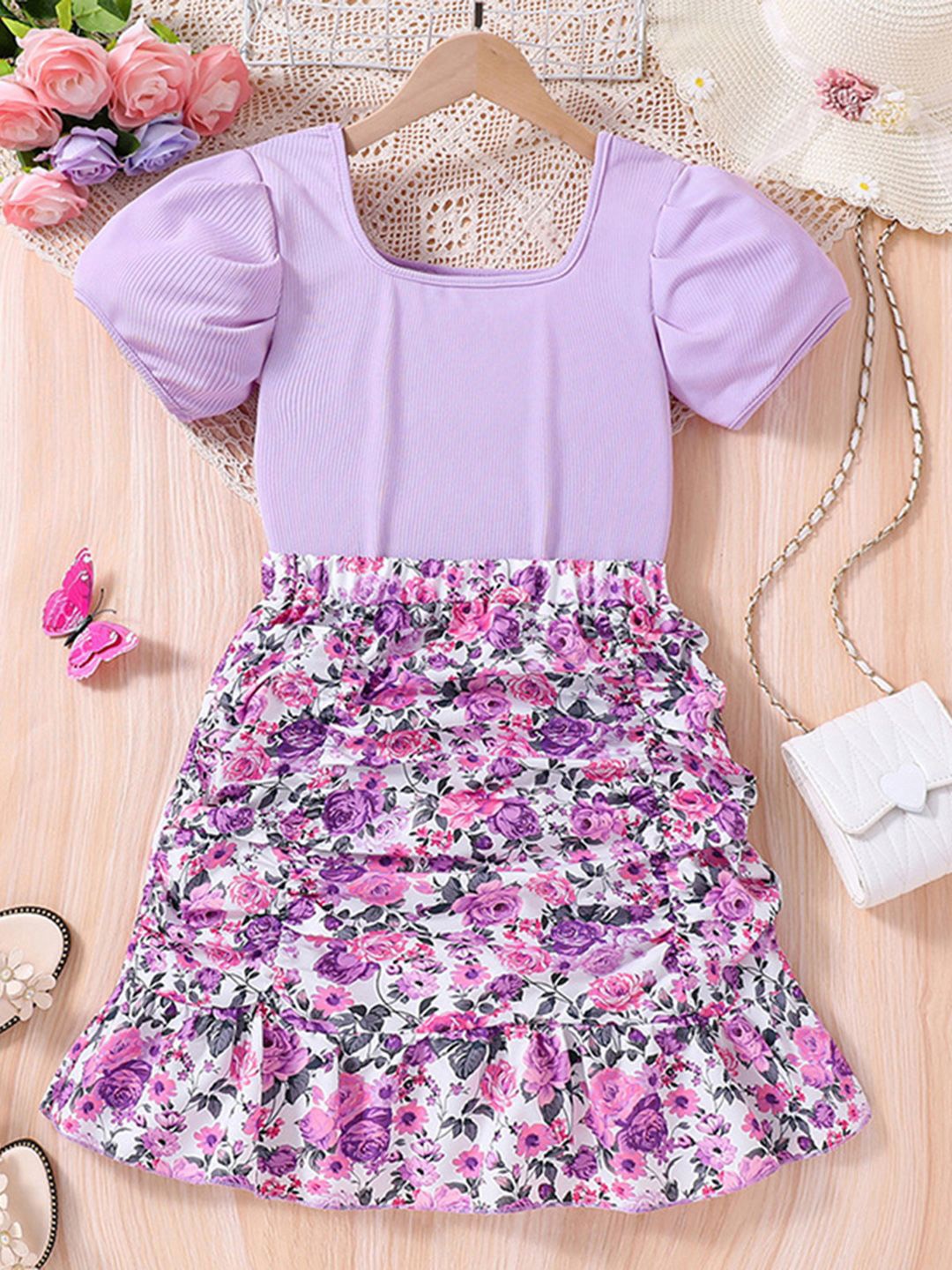 

INCLUD Girls Printed Short Sleeves Top with Skirt, Purple