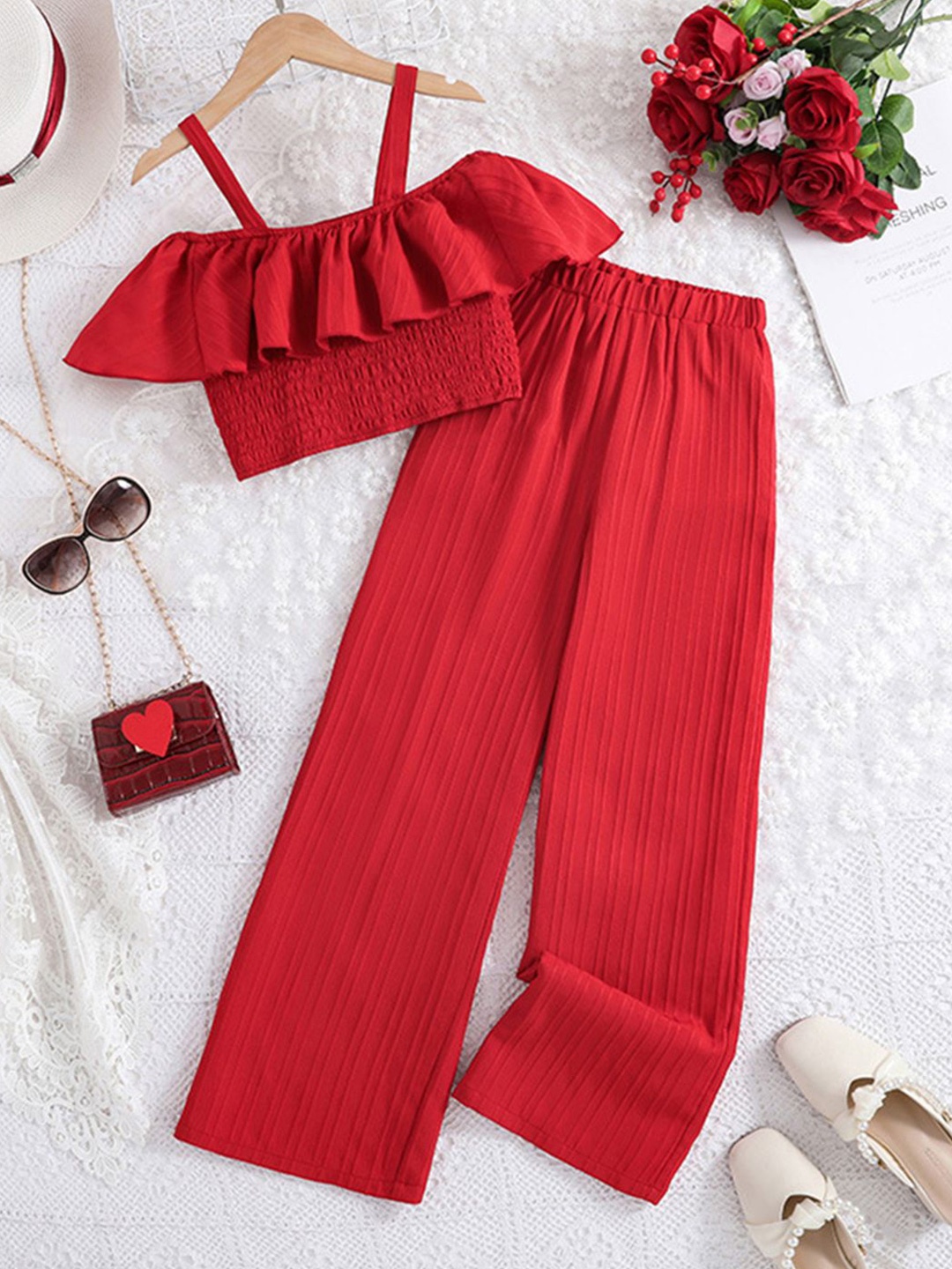 

INCLUD Girls Solid Top with Trousers, Red