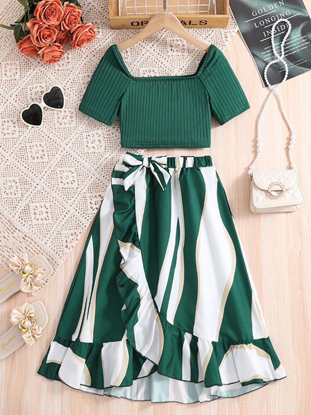 

INCLUD Girls Striped Top with Printed Skirt, Green