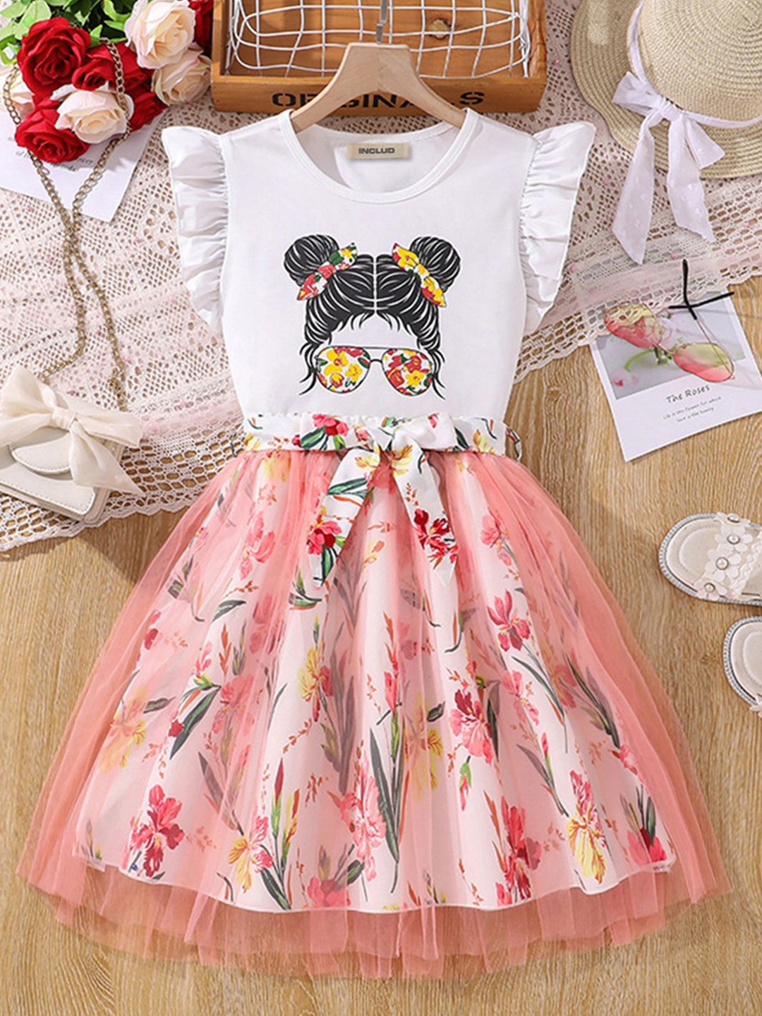 

INCLUD Girls Printed T-shirt with Skirt, White
