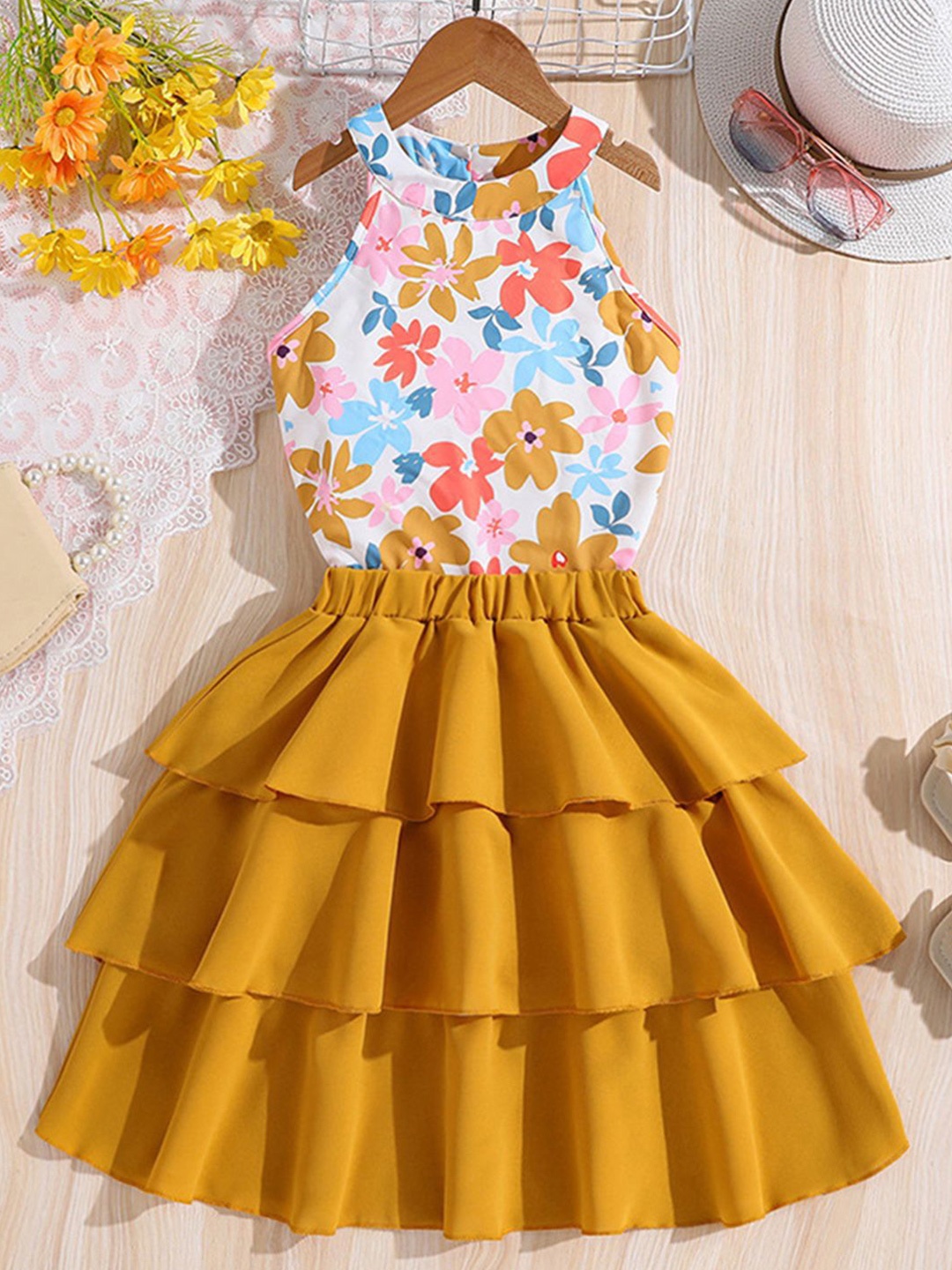

INCLUD Girls Printed Top with Solid Skirt, Yellow