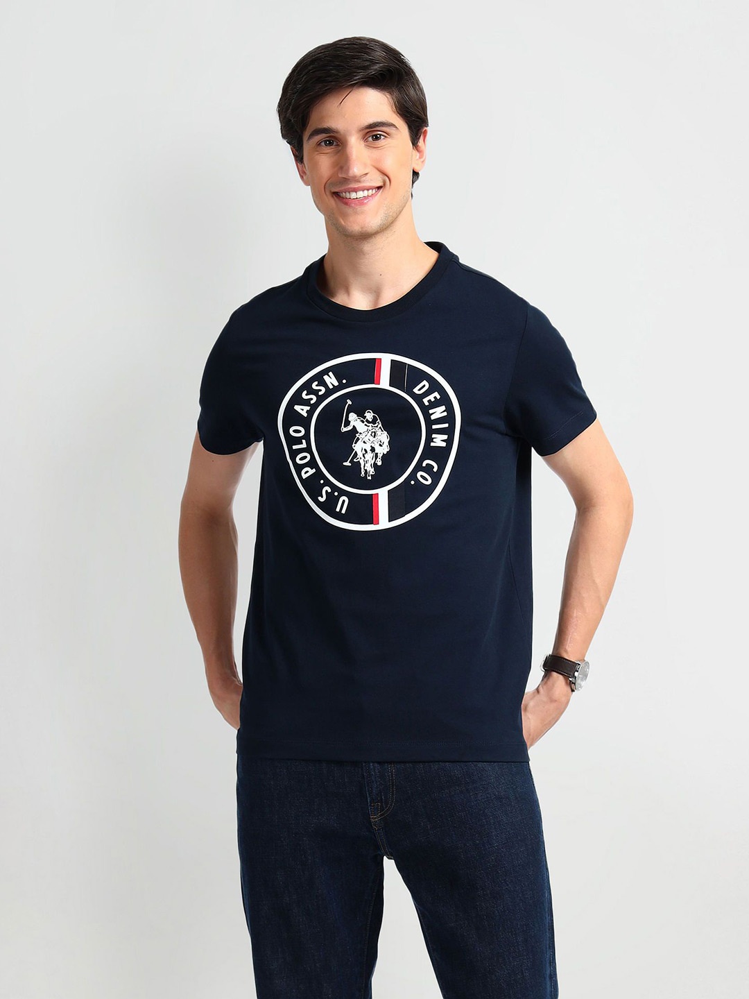 

U.S. Polo Assn. Denim Co. Men Brand Logo Printed Round Neck Slim Fit T-shirt, Navy blue