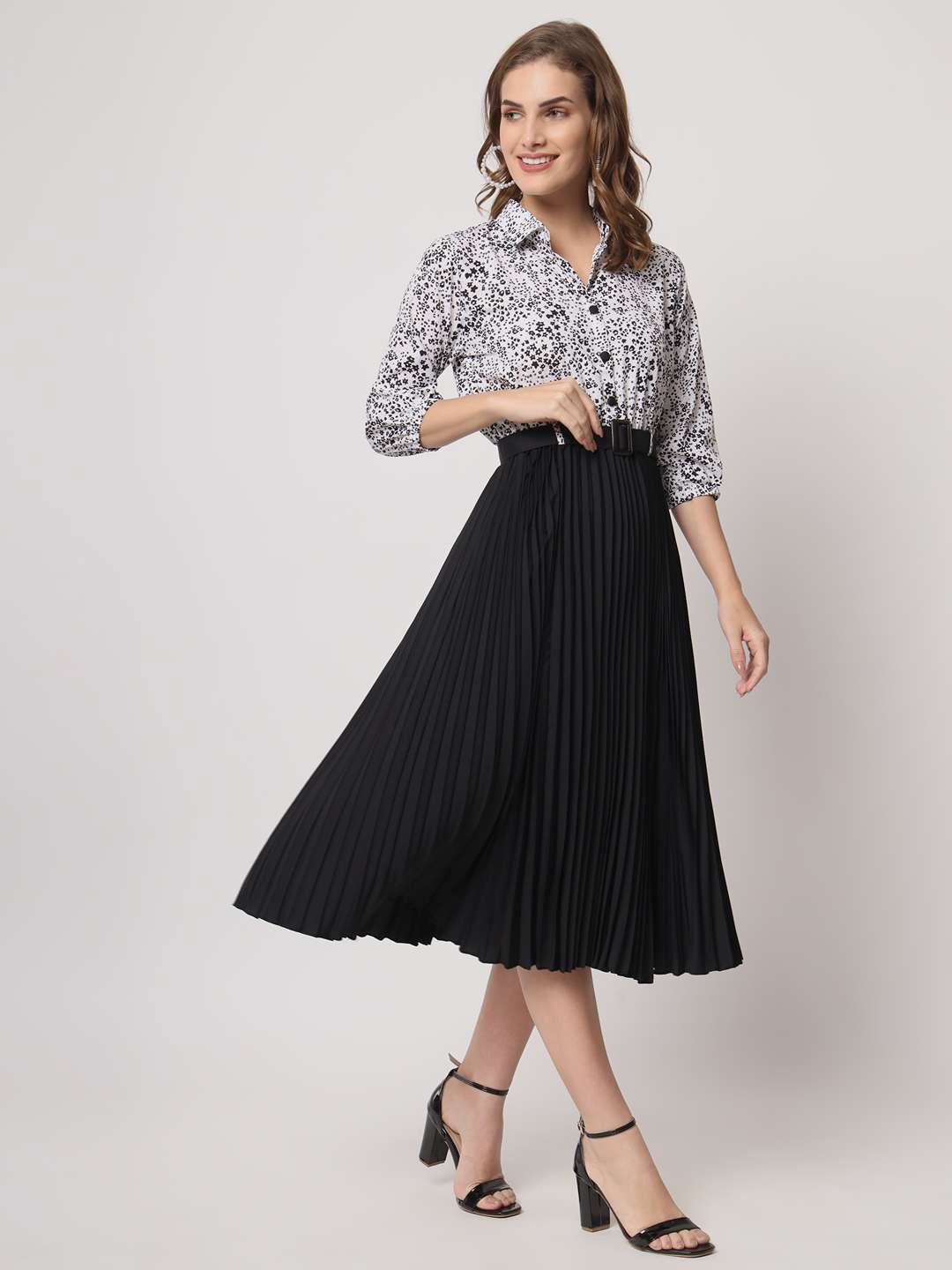

OTABU Geometric Crepe Fit & Flare Midi Dress, Black