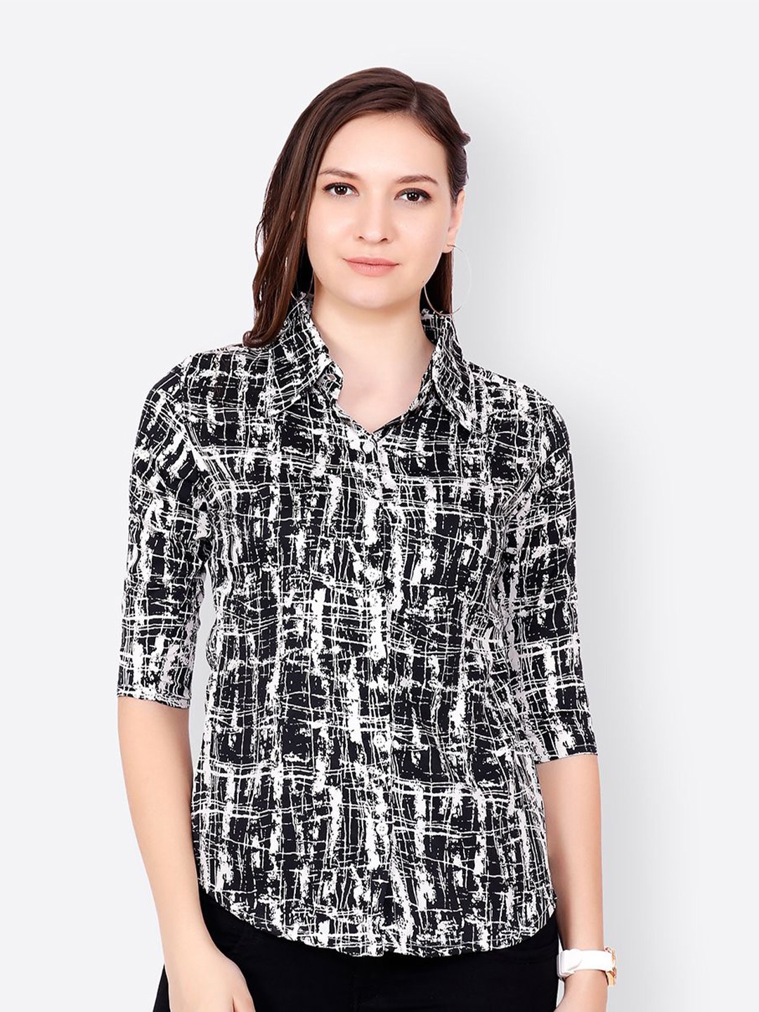 

MINOS Women Classic Opaque Printed Casual Shirt, Black