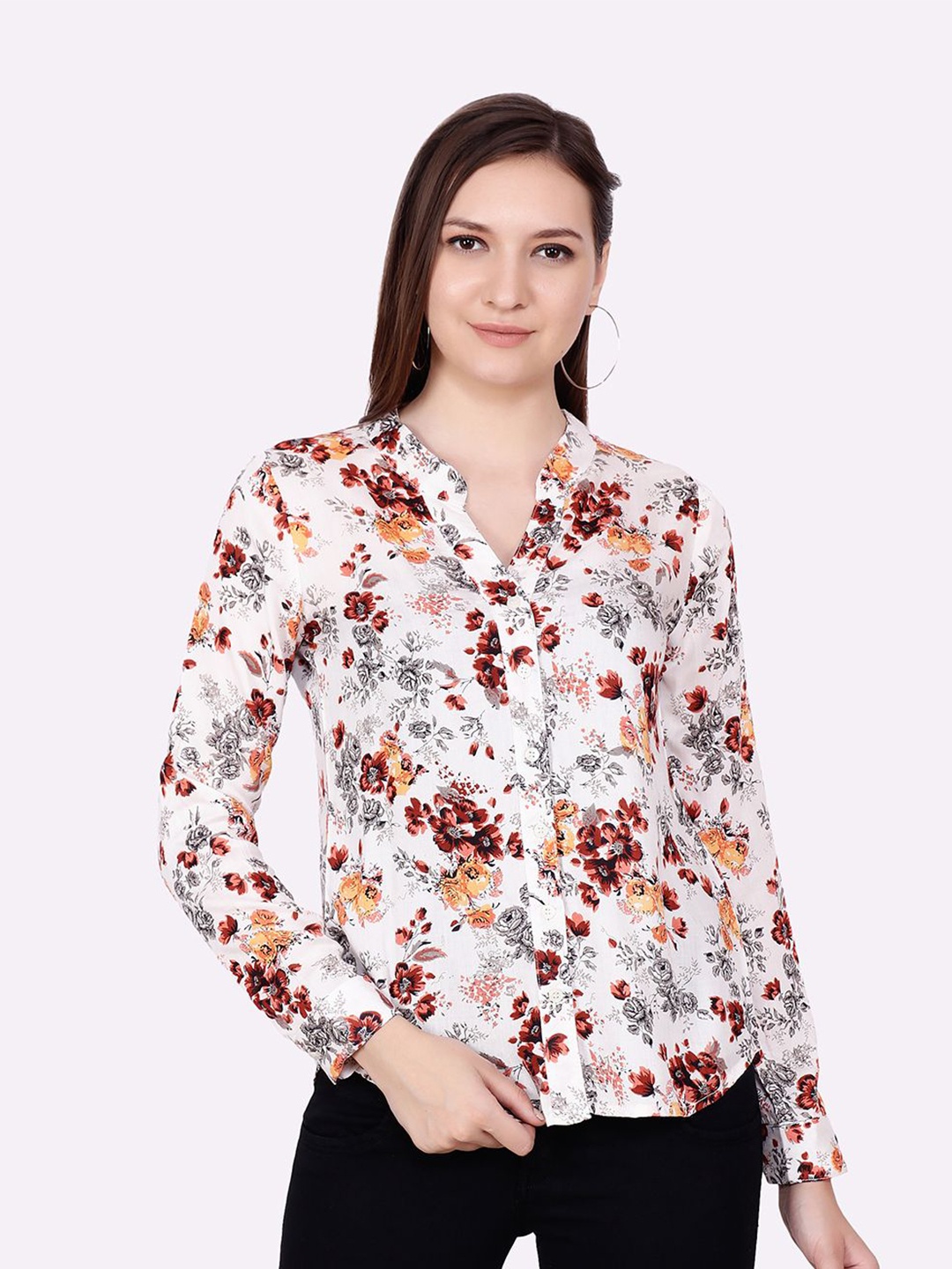 

MINOS Women Classic Floral Opaque Printed Casual Shirt, White