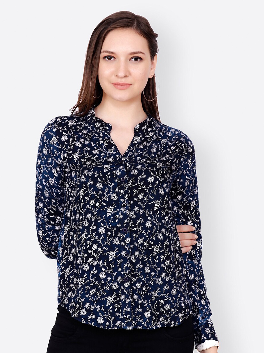 

MINOS Women Classic Floral Opaque Printed Casual Shirt, Navy blue