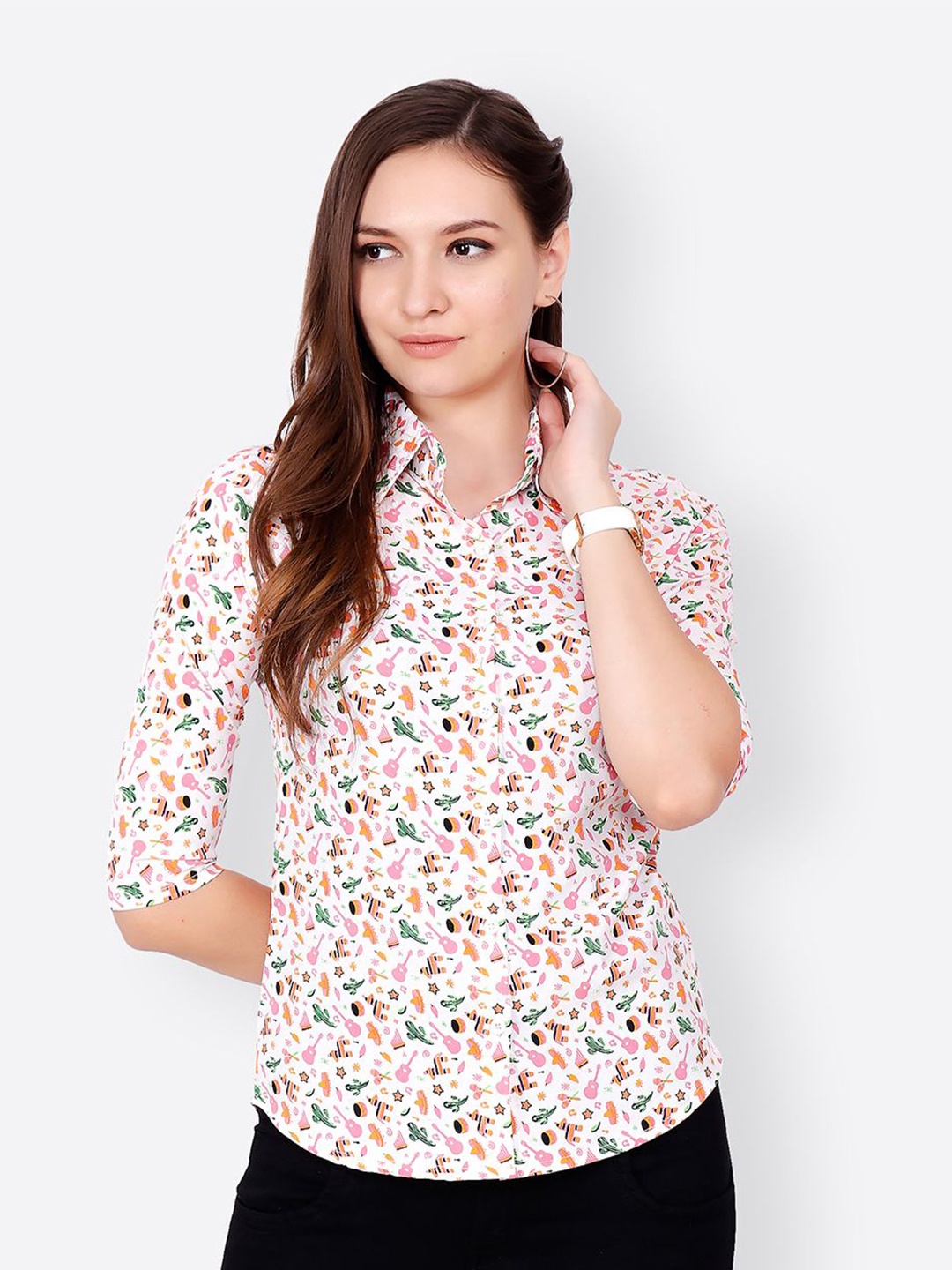 

MINOS Women Classic Floral Opaque Printed Casual Shirt, White