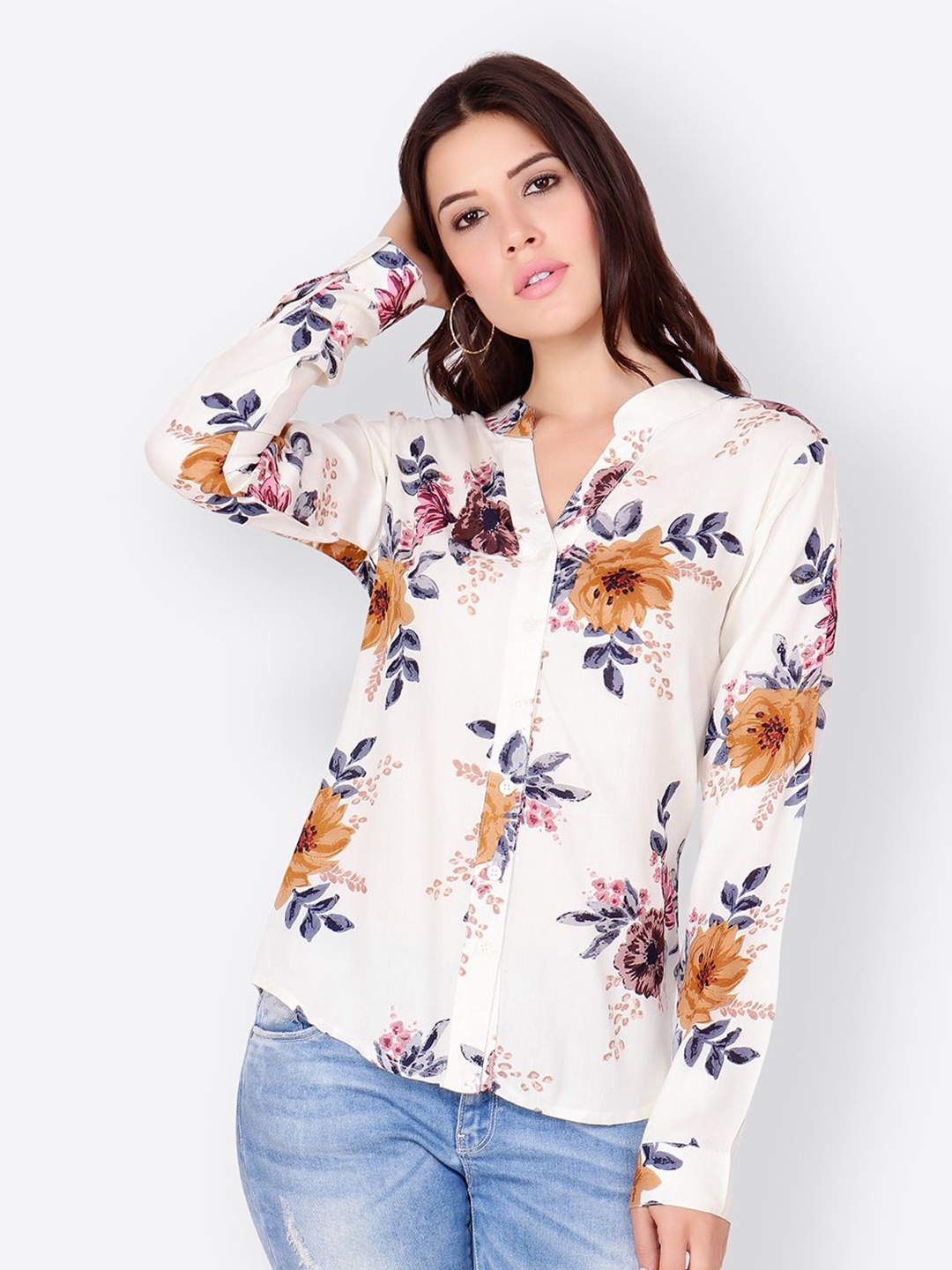 

MINOS Women Classic Floral Opaque Printed Casual Shirt, White