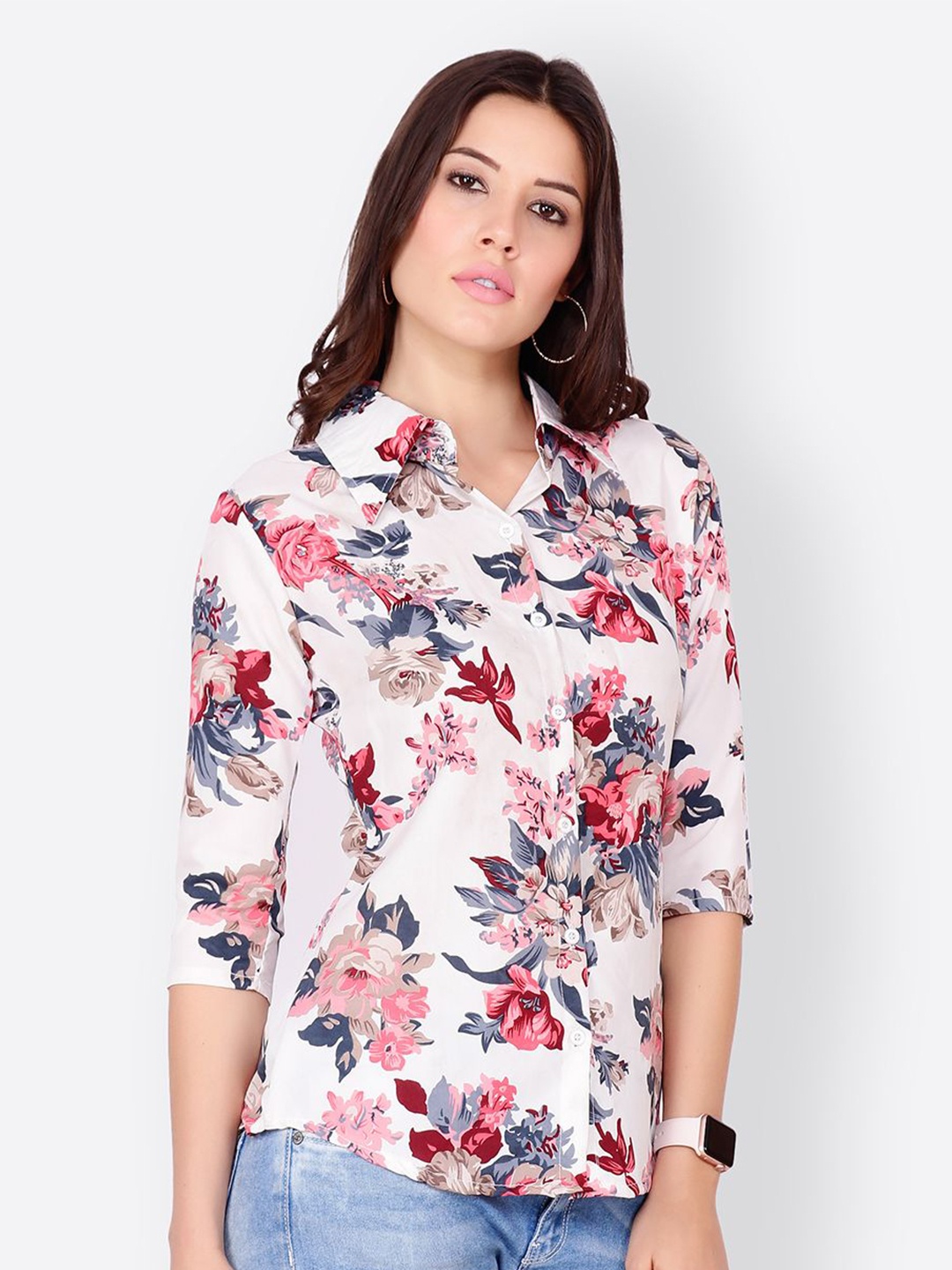 

MINOS Women Classic Floral Opaque Printed Casual Shirt, White