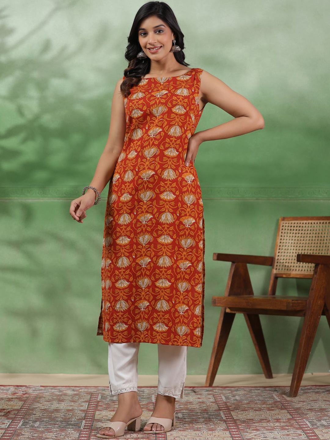 

Sangria Floral Printed Cotton Straight Kurta, Rust