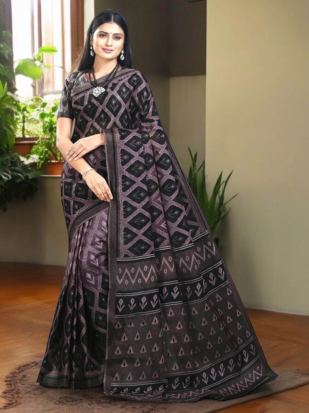 

Jevi Prints Ethnic Motifs Pure Cotton Block Print Saree, Mauve