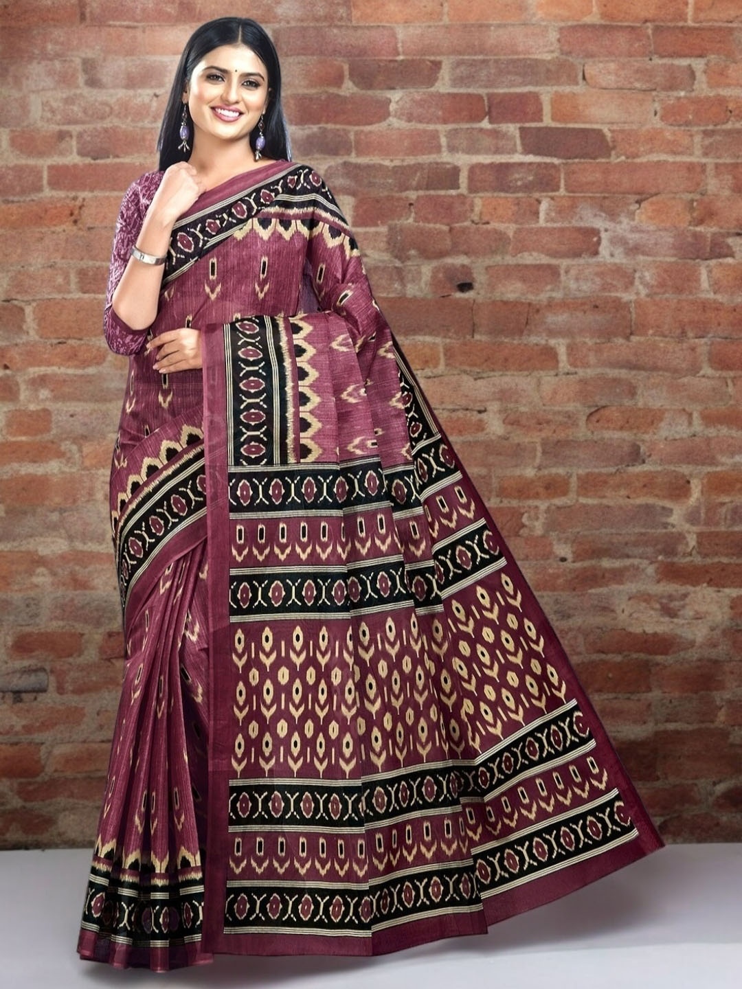 

Jevi Prints Ethnic Motifs Pure Cotton Block Print Saree, Burgundy