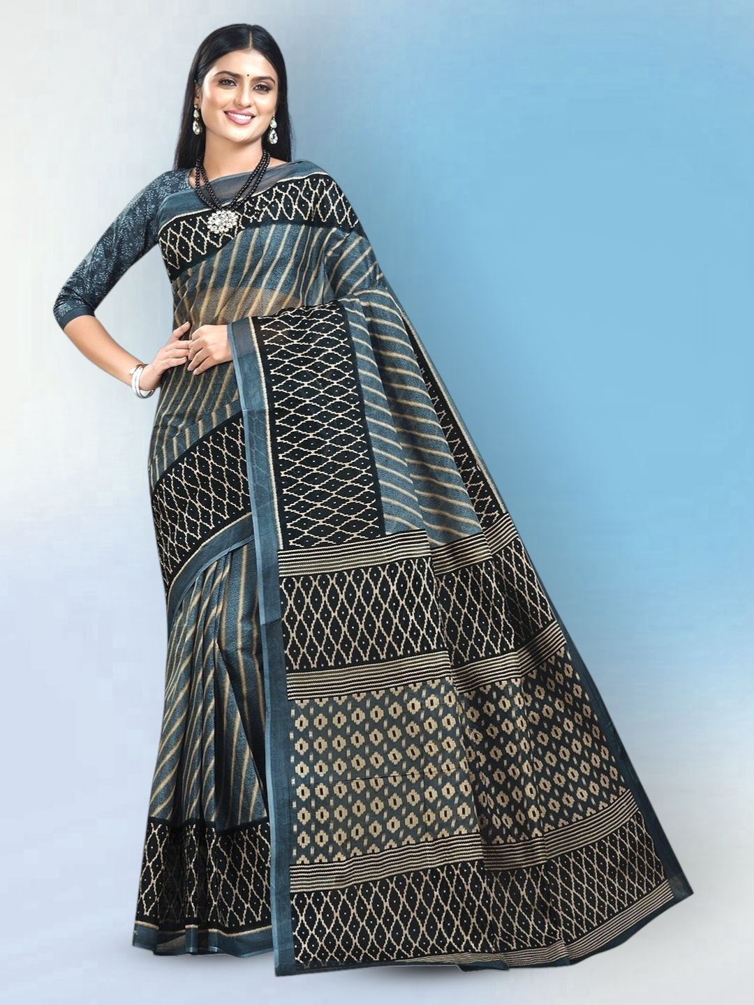 

Jevi Prints Striped Pure Cotton Block Print Saree, Grey