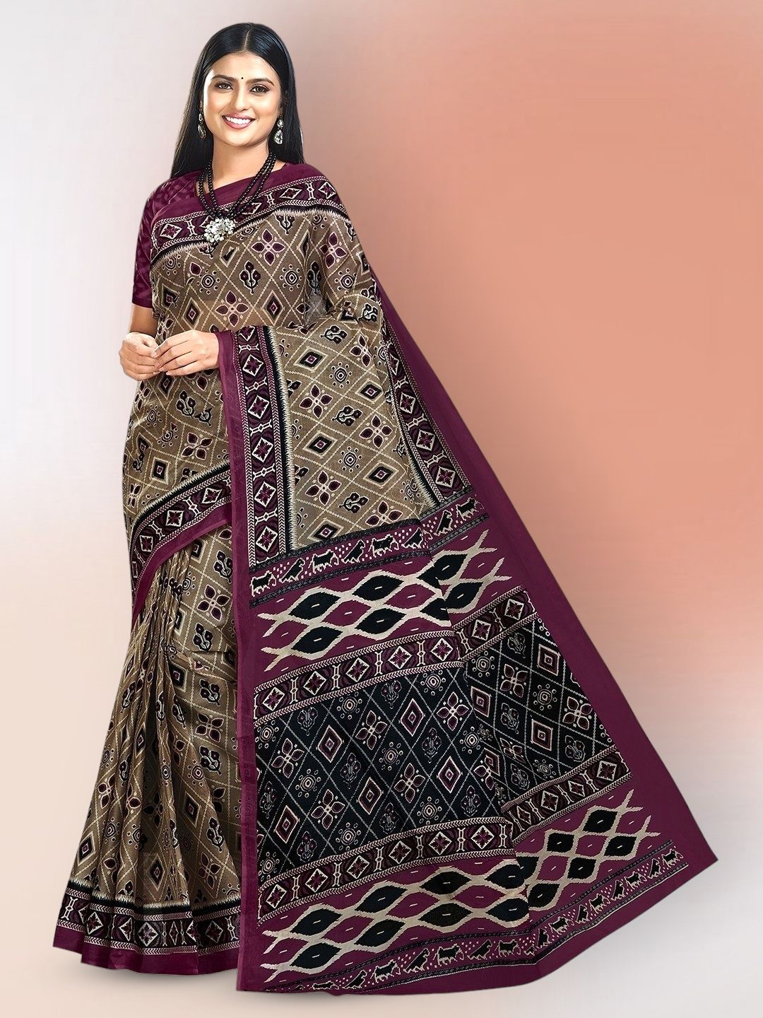 

Jevi Prints Ethnic Motifs Pure Cotton Block Print Saree, Brown