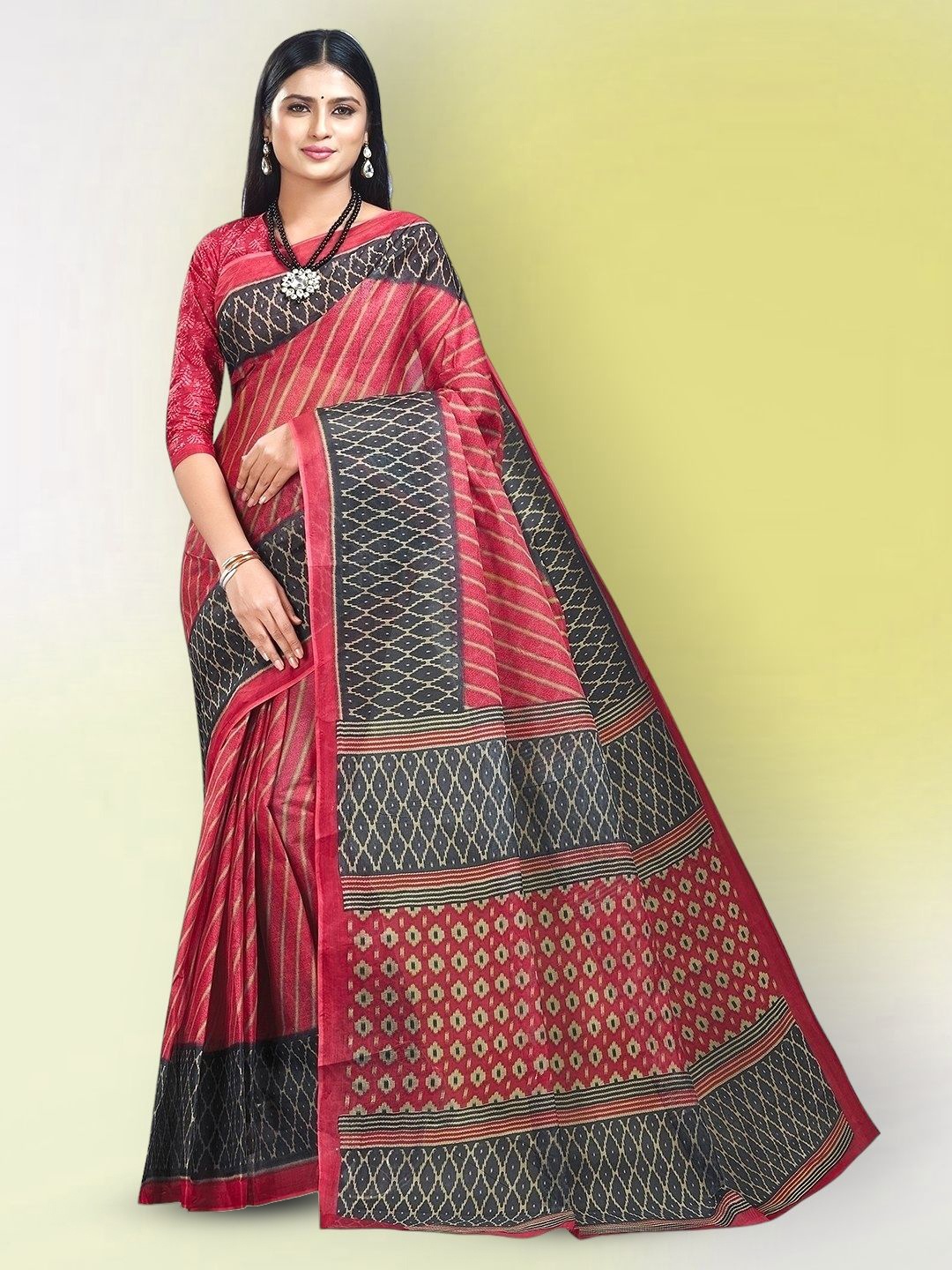

Jevi Prints Striped Pure Cotton Block Print Saree, Red