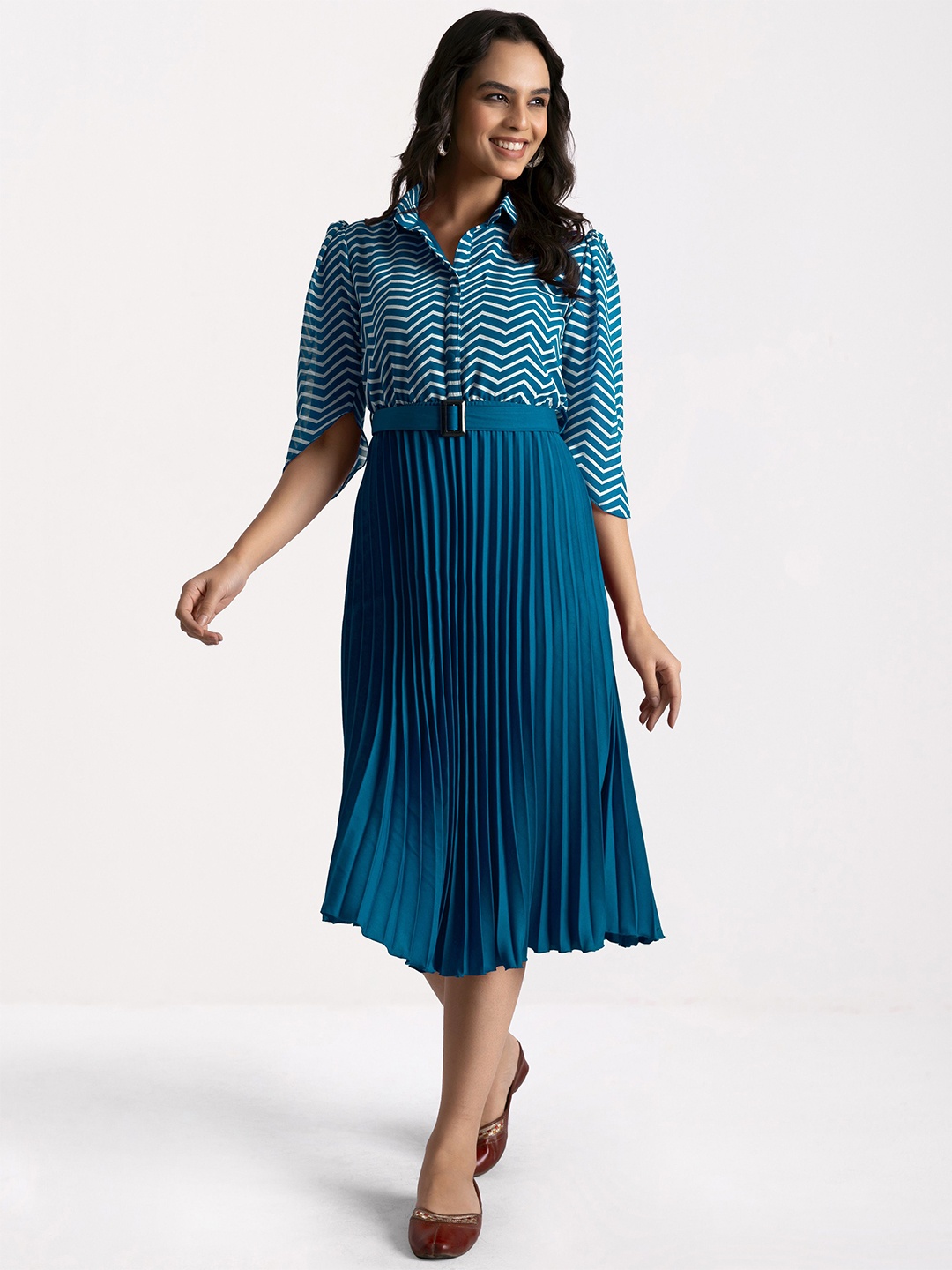 

FLOWERVELLY Striped Shirt Collar A-Line Midi Dress, Teal