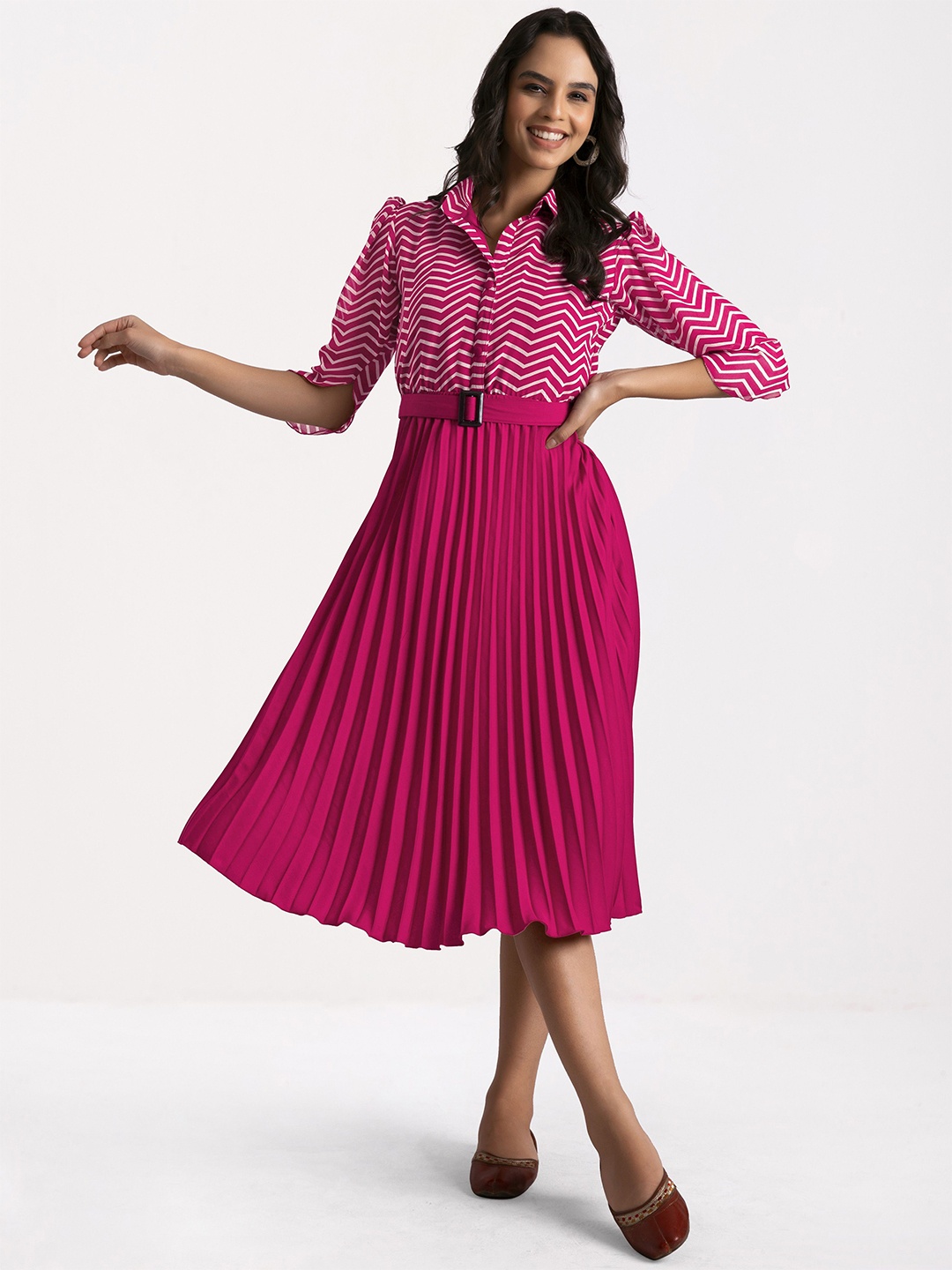 

FLOWERVELLY Crepe Striped Accordion Pleated Shirt Midi Dress, Pink