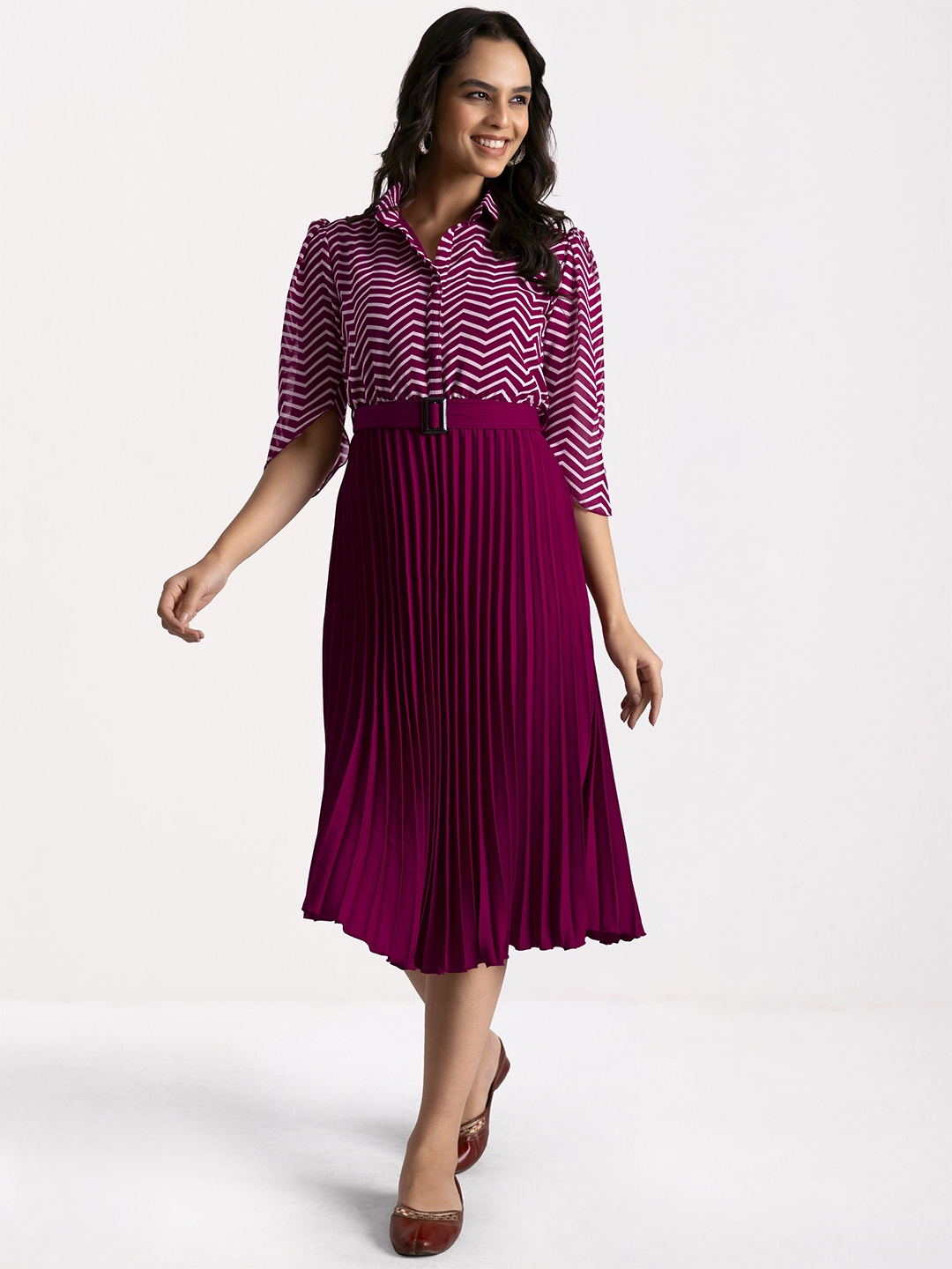 

FLOWERVELLY Striped Crepe Shirt Midi Dress, Purple