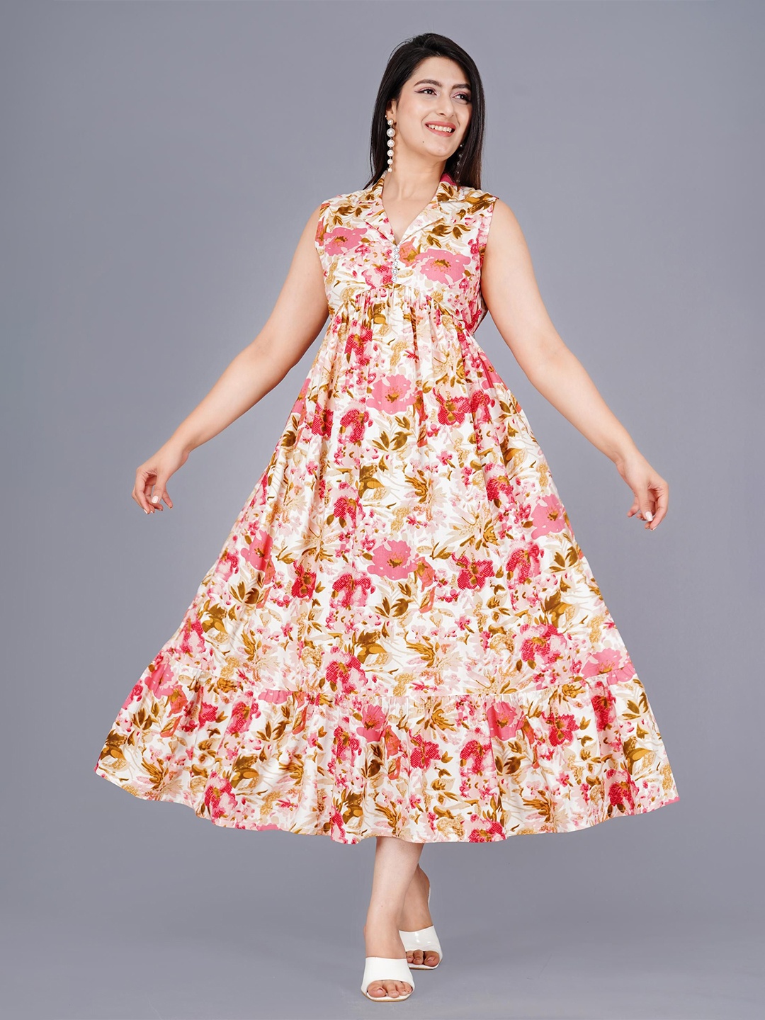 

Mintmarie Floral Print Empire Midi Dress, Pink
