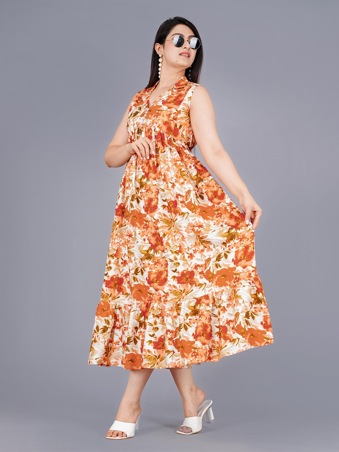 

Mintmarie Floral Print Empire Midi Dress, Orange