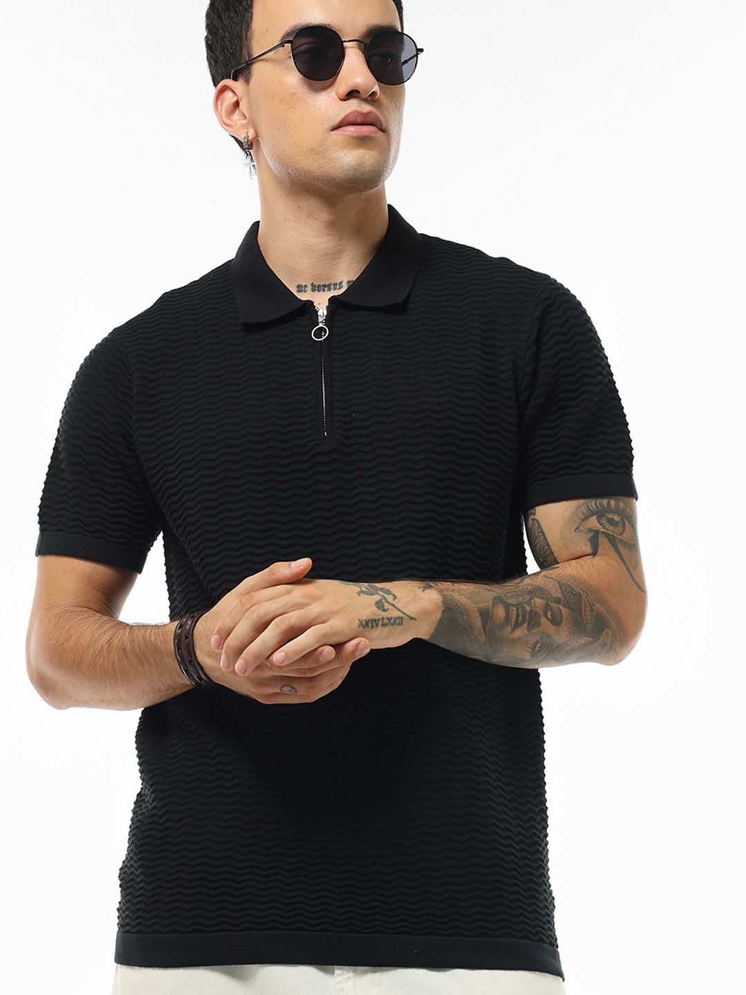 

Bewakoof Men Textured Flatknit Polo T-shirt, Black