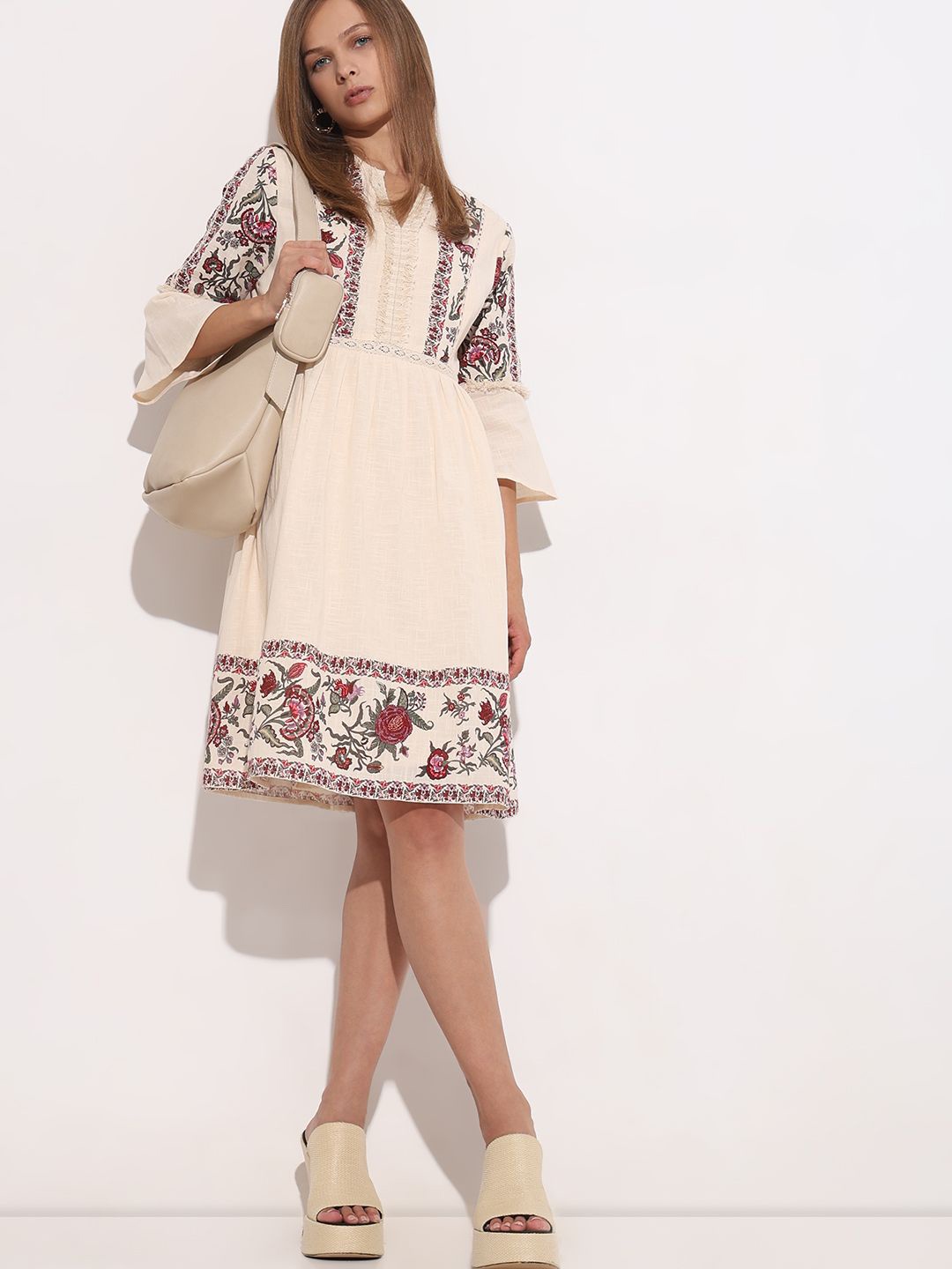 

Vero Moda Floral Print Bell Sleeve A-Line Dress, Beige