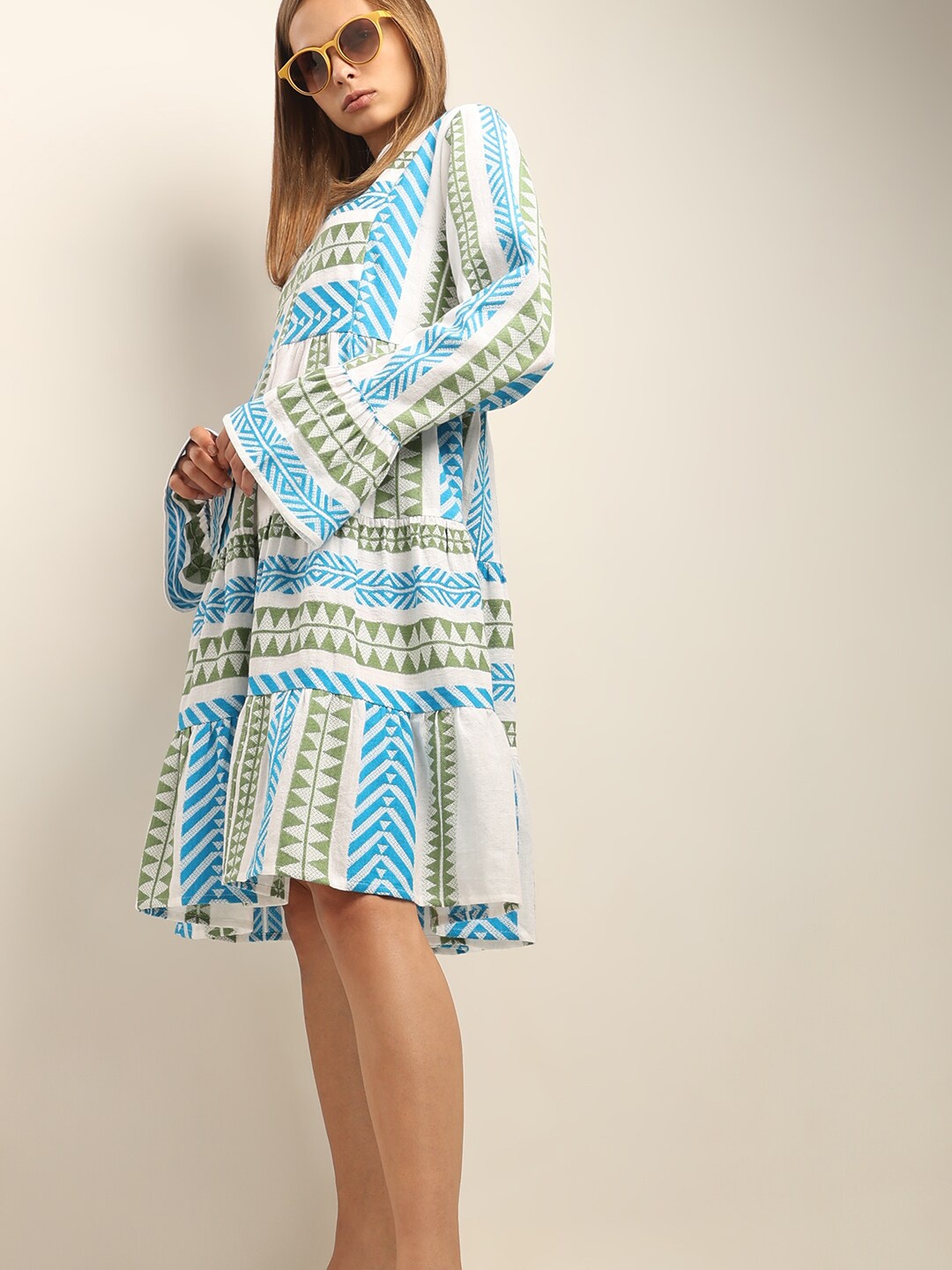 

Vero Moda Mandarine Collar Bell Sleeves Fit & Flare Dress, Blue