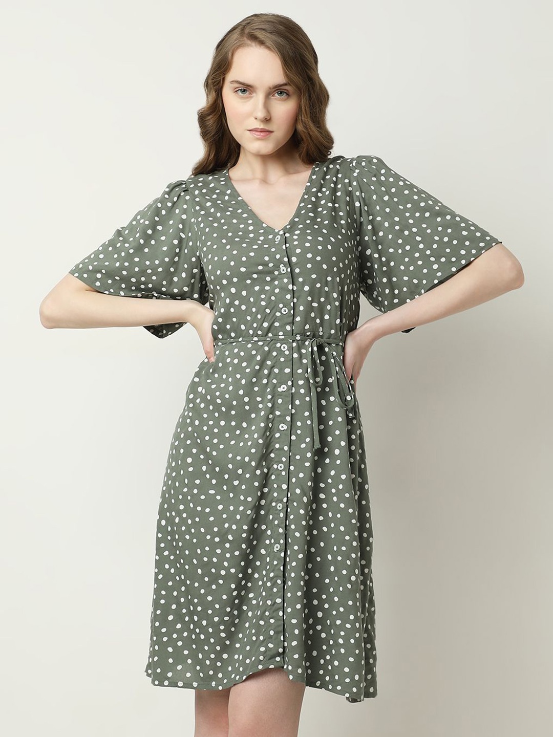 

Vero Moda V-neck Bell Sleeve Tie Up Dress, Green