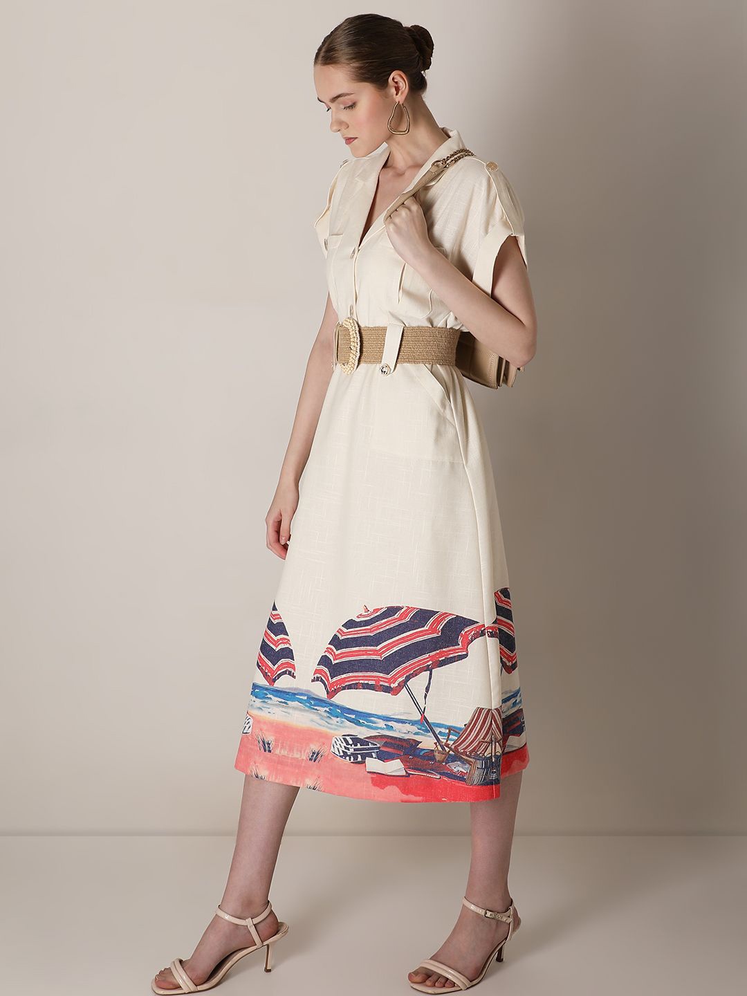 

Vero Moda Shirt Collar Roll Up sleeves Midi Dress, Cream