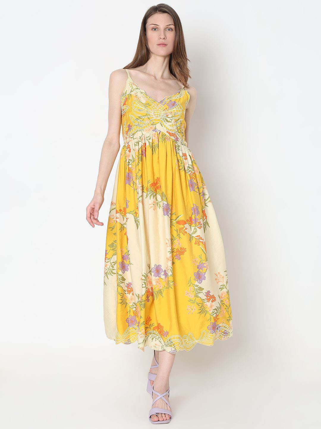 

Vero Moda V-neck Shoulder Strap Embroidered Fit & Flared Midi Dress, Yellow