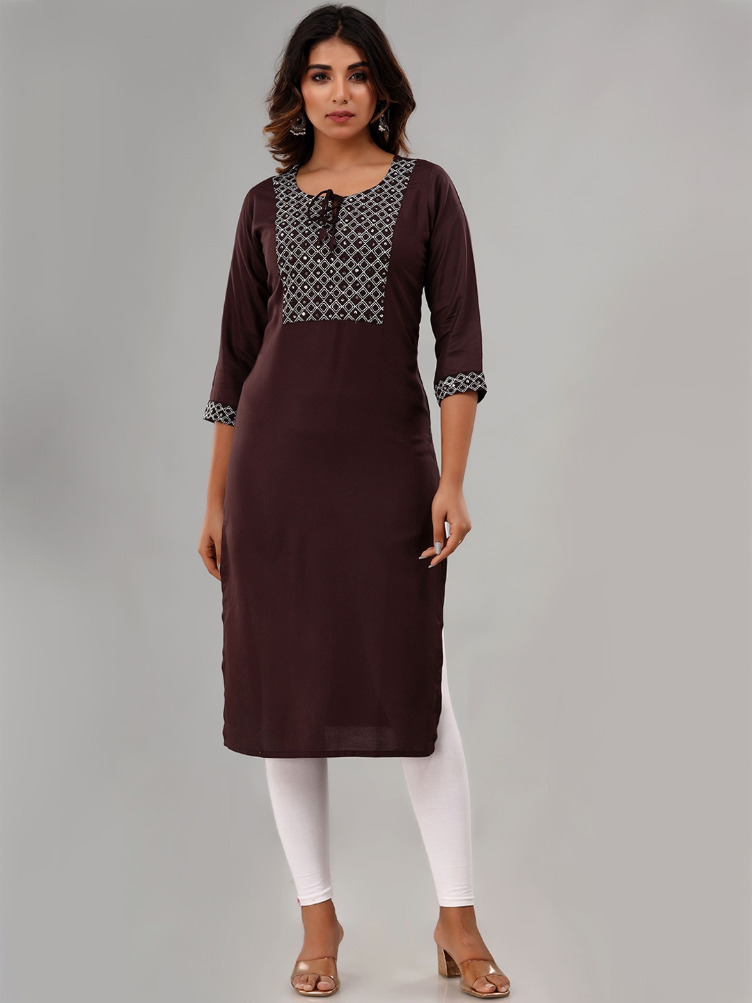 

Rouhab Women Yoke Design Thread Work Kurta, Brown