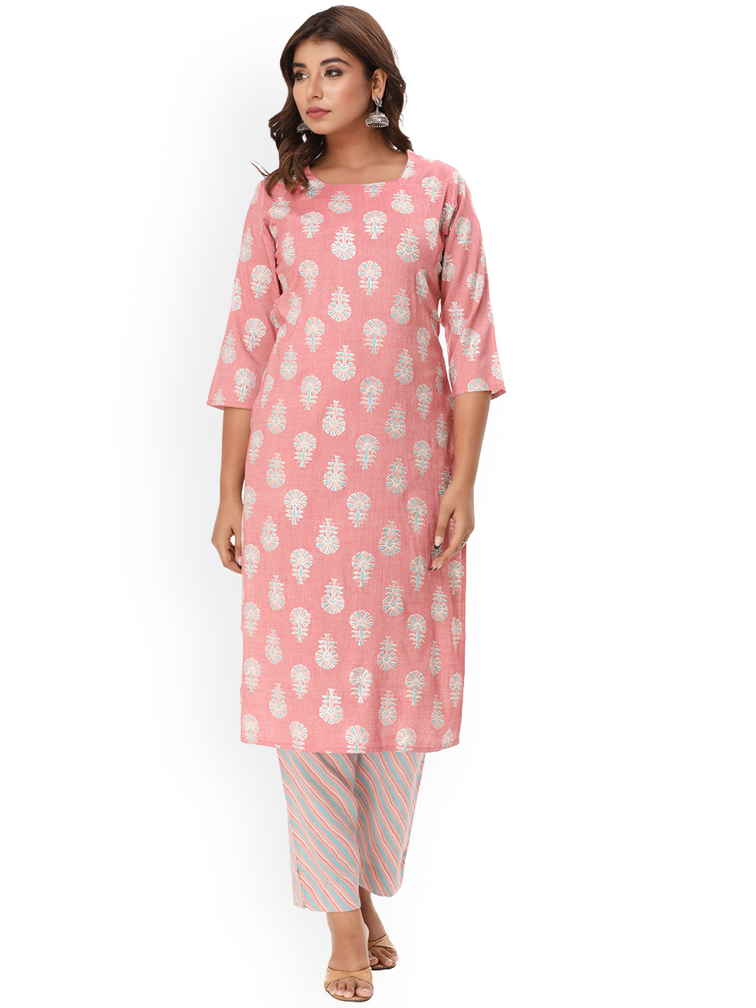 

Rouhab Women Floral Printed Regular Kurta with Trousers, Pink