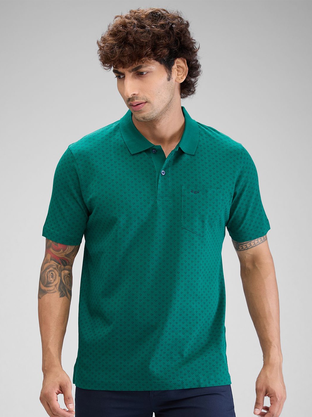 ColorPlus Men Printed Polo Collar Pockets T-shirt, Green