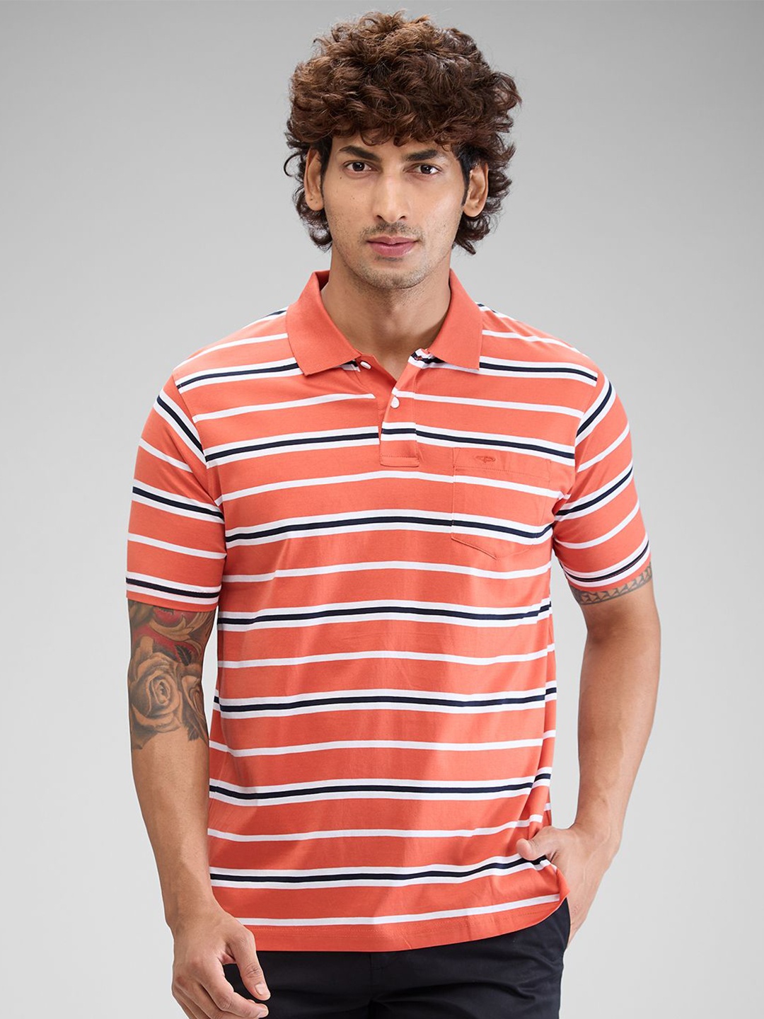 

ColorPlus Men Striped Polo Collar Pockets T-shirt, Orange