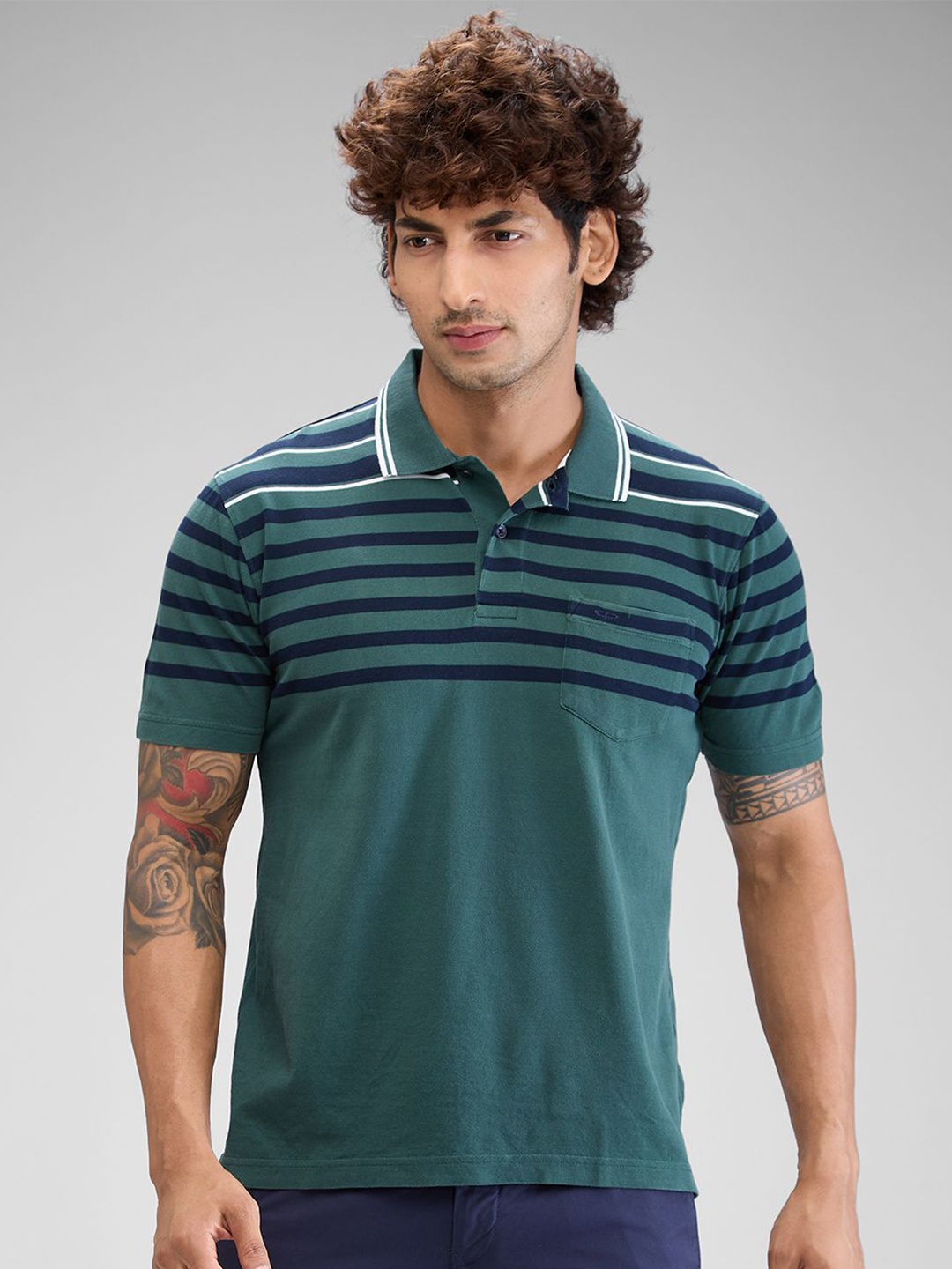 

ColorPlus Men Striped Polo Collar Pockets T-shirt, Green