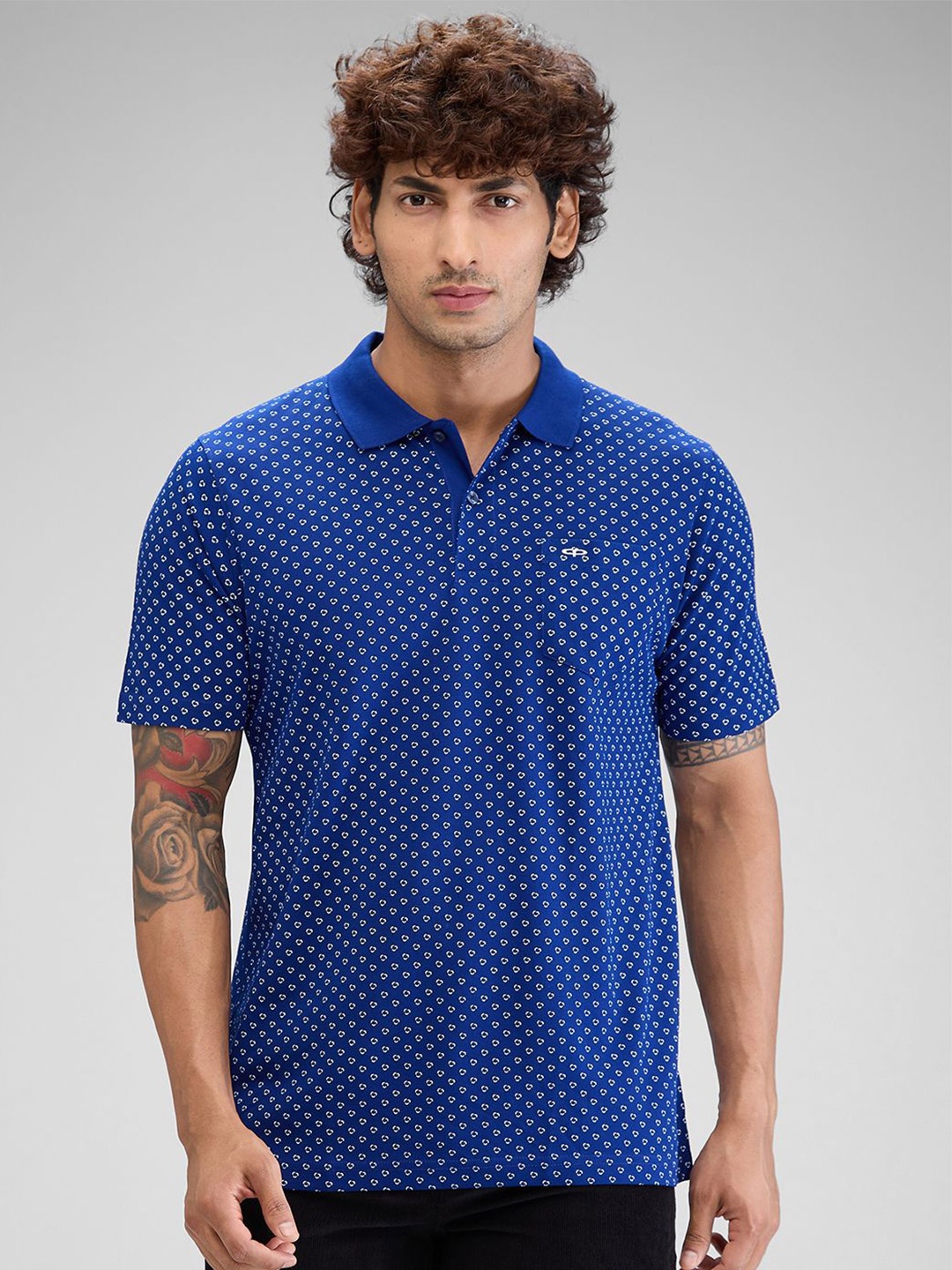 ColorPlus Men Polka Dot Printed Polo Collar Pockets T-shirt, Blue