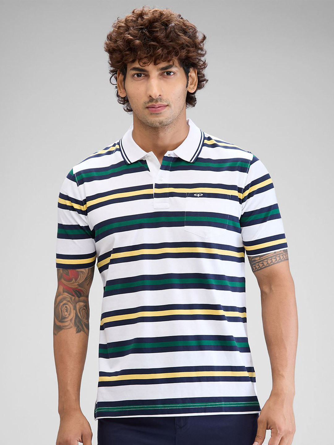 

ColorPlus Men Striped Polo Collar Pockets T-shirt, White