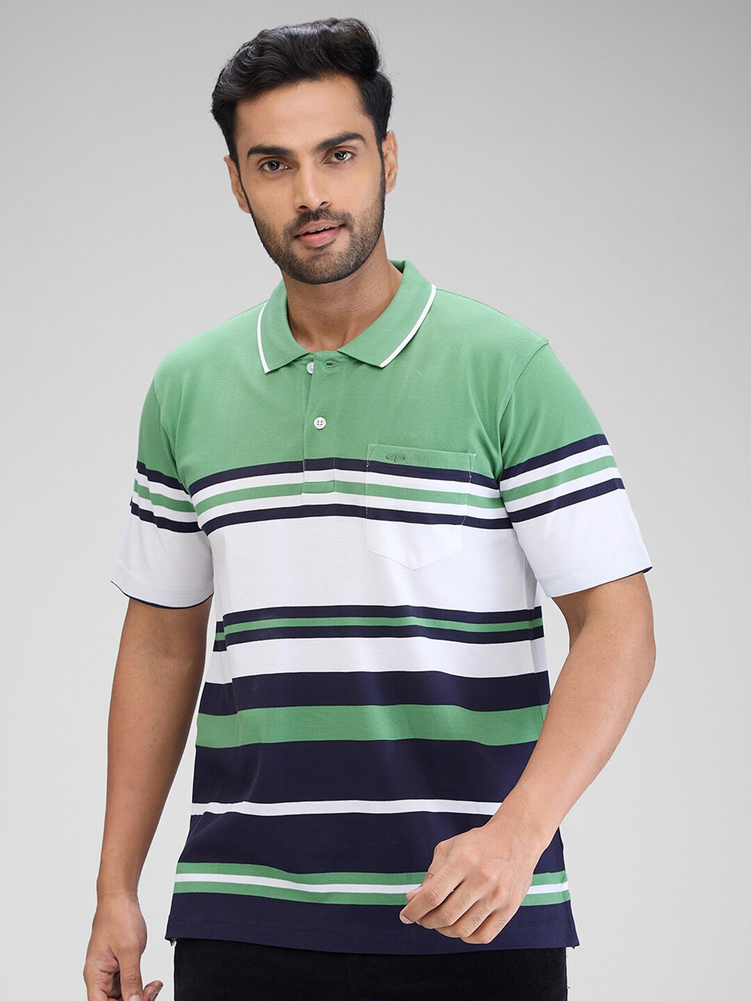 

ColorPlus Men Striped Polo Collar Pockets T-shirt, Green