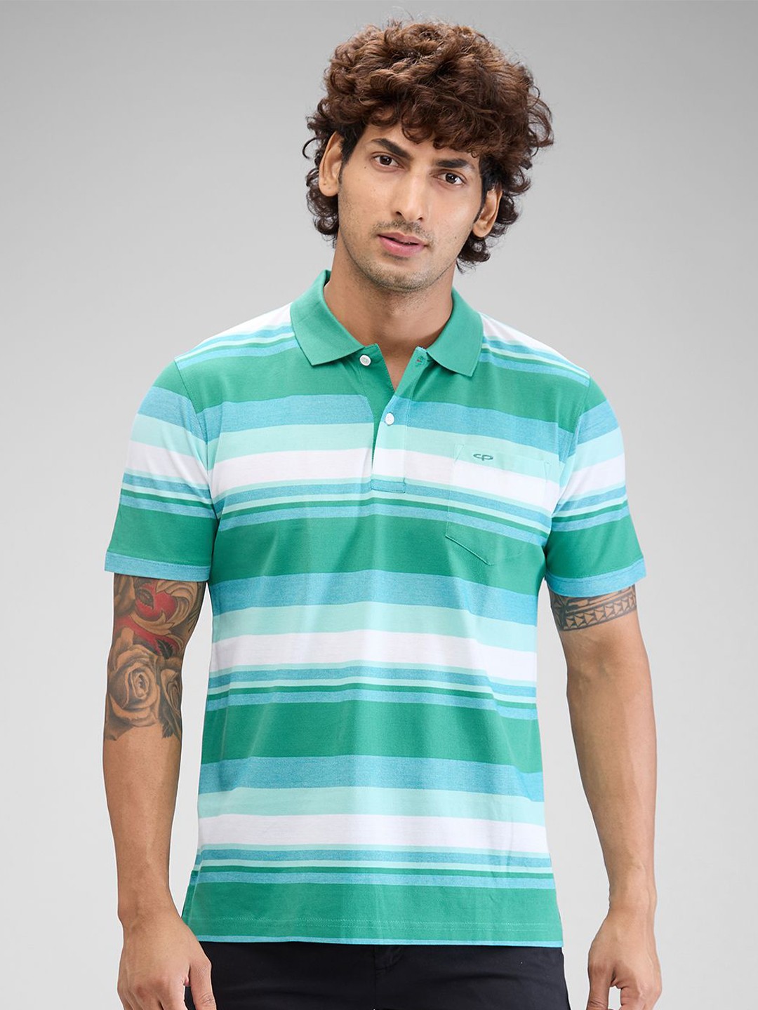 

ColorPlus Men Striped Polo Collar Pockets T-shirt, Green