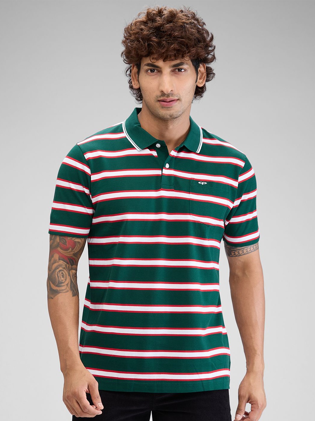 

ColorPlus Men Striped Polo Collar Pockets T-shirt, Green