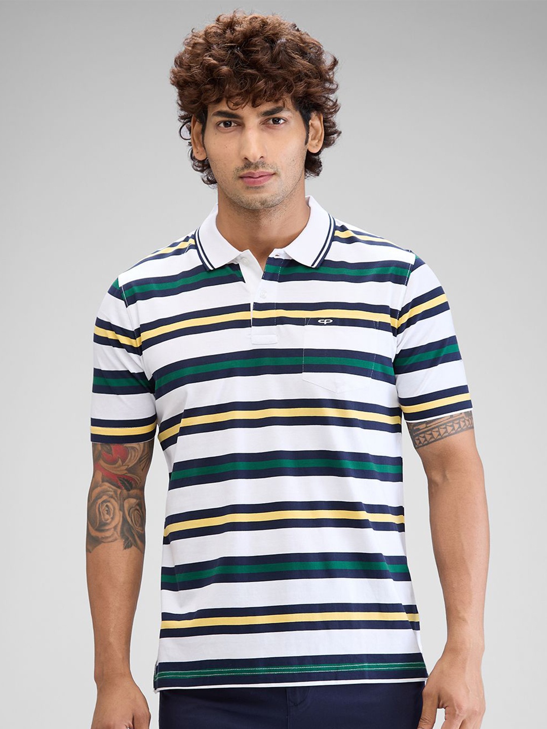 ColorPlus Men Striped Polo Collar Pockets T-shirt, White