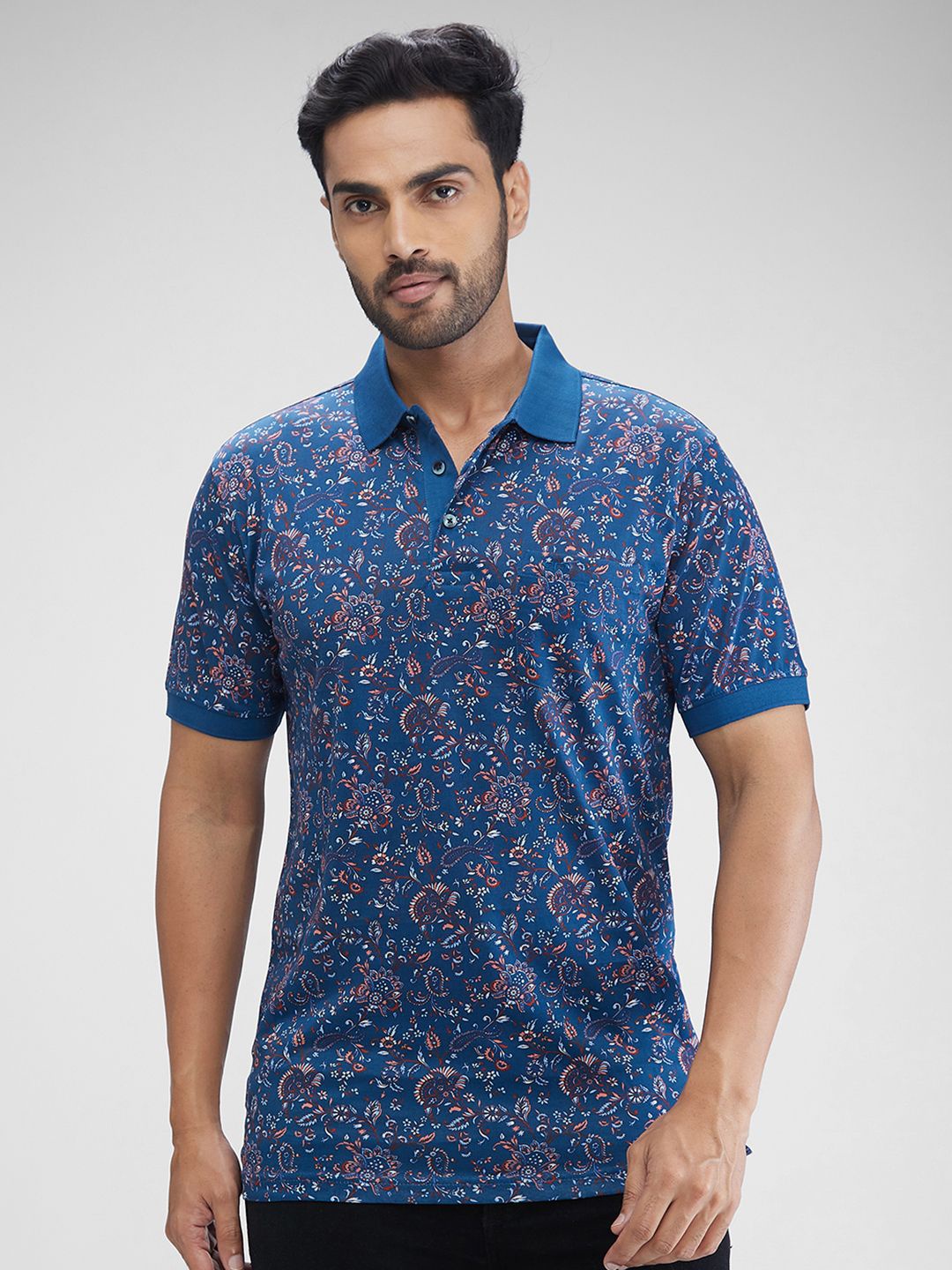 

ColorPlus Men Floral Printed Polo Collar Pockets T-shirt, Blue