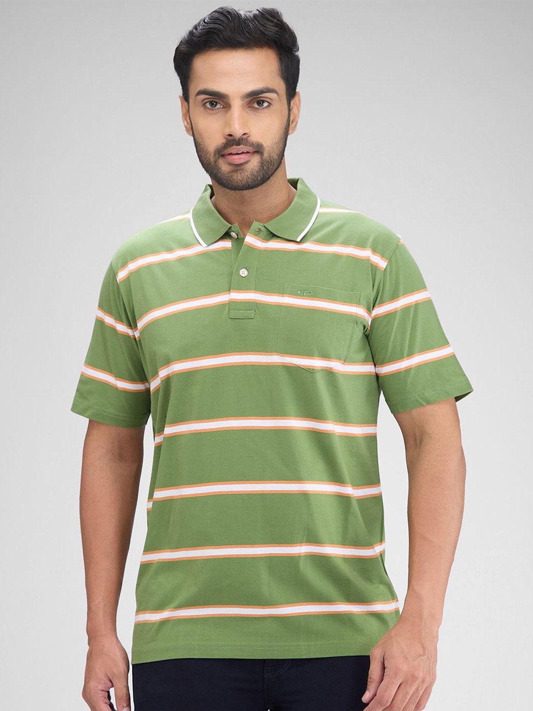 

ColorPlus Men Striped Polo Collar Pockets T-shirt, Green