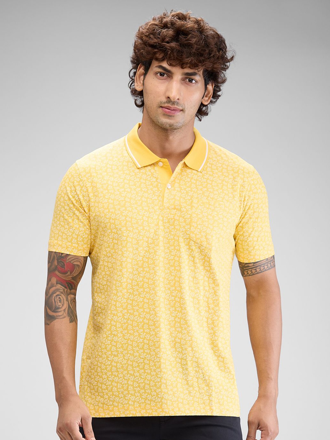 ColorPlus Men Printed Polo Collar Pockets T-shirt, Yellow