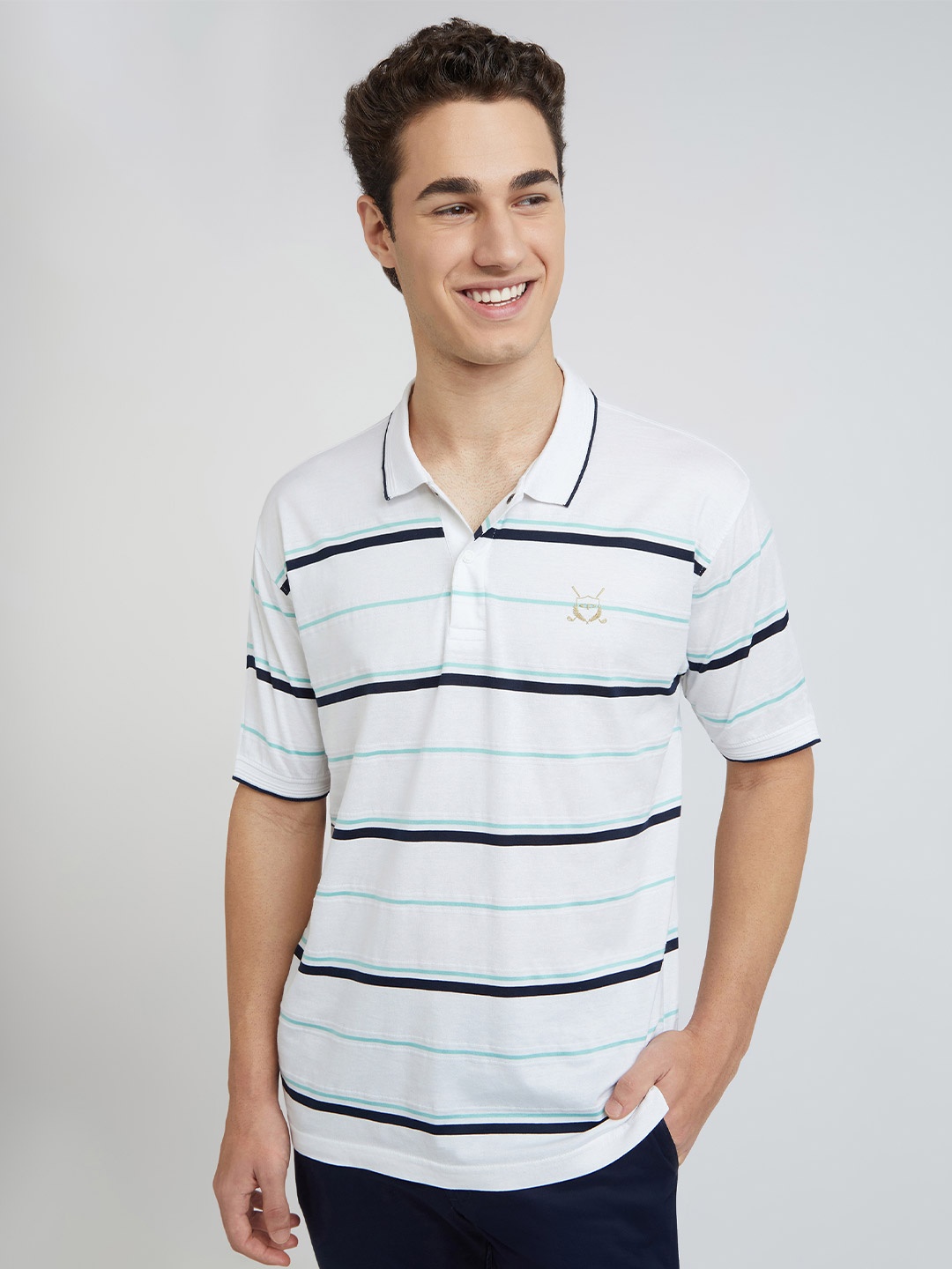 

ColorPlus Men Striped Polo Collar Pockets T-shirt, White