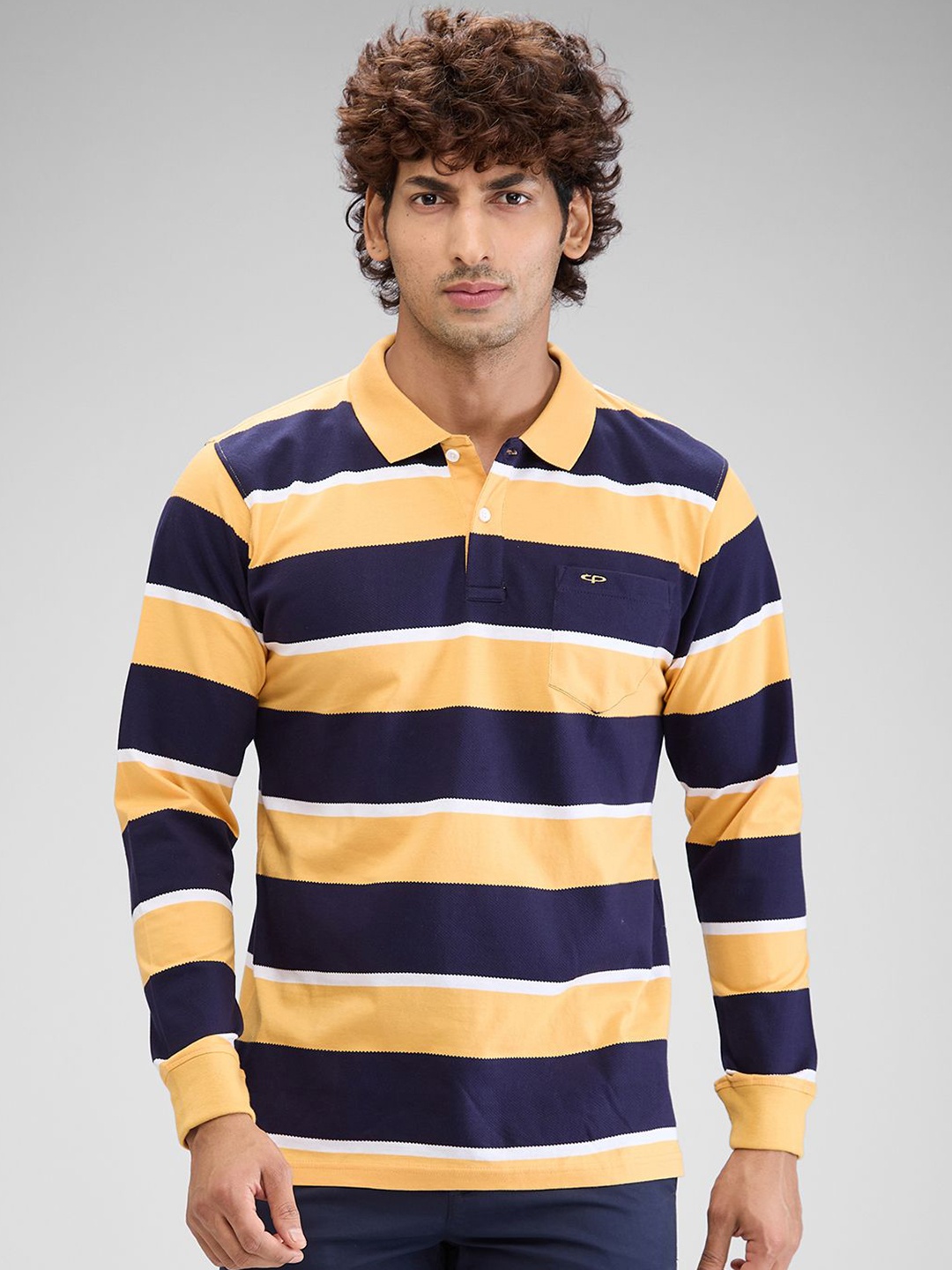 ColorPlus Men Striped Polo Collar Pockets T-shirt, Yellow