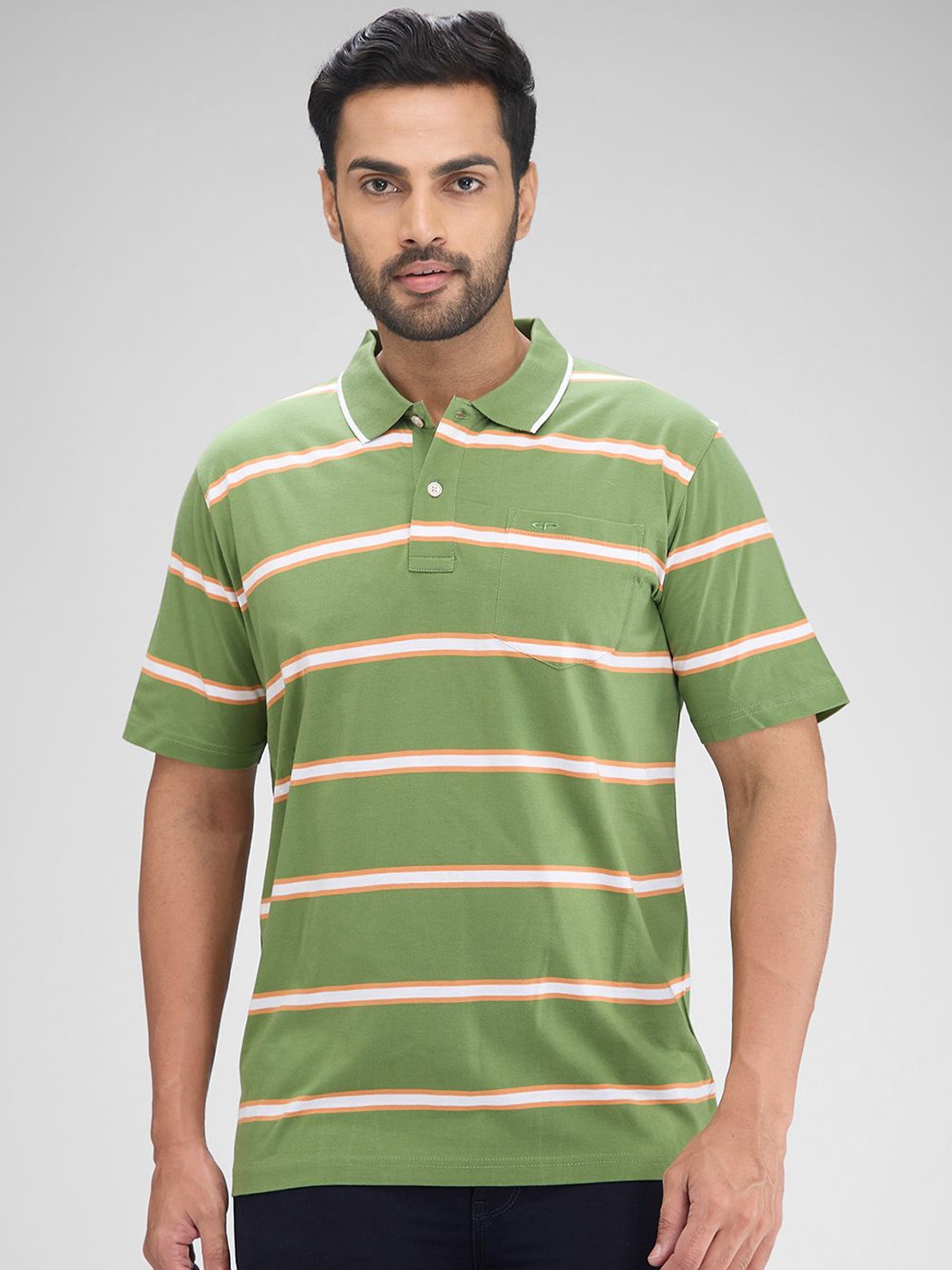 

ColorPlus Men Striped Polo Collar Pockets T-shirt, Green