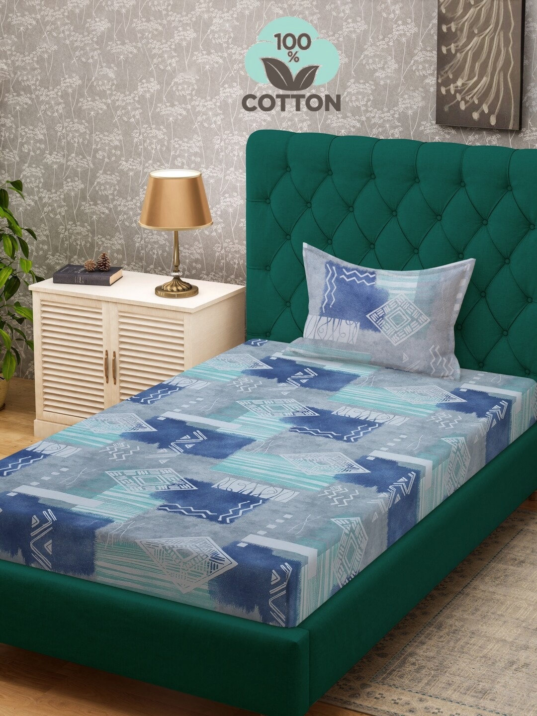 KLOTTHE Grey & Blue Printed Pure Cotton 400 TC Single Bedsheet With Pillow Cover
