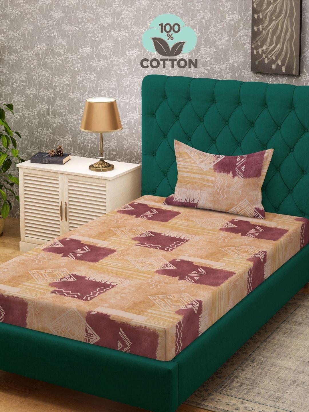 

KLOTTHE Beige & Purple Printed Pure Cotton 400 TC Single Bedsheet With Pillow Cover